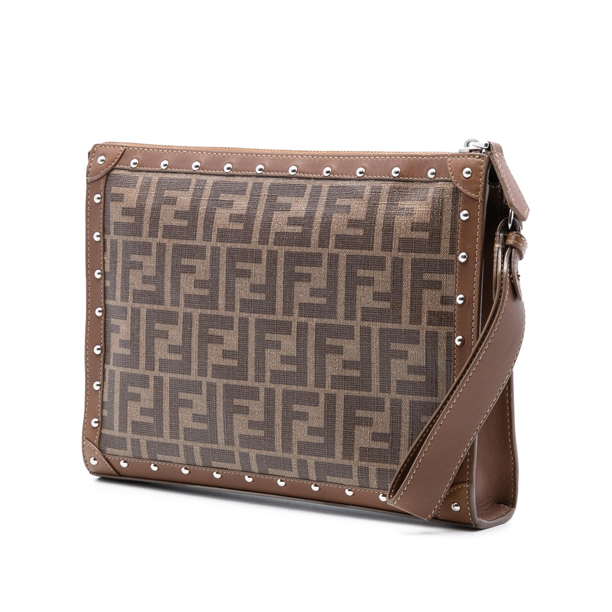 Fendi Studded Leather Trimmed Zucca Coated Canvas Clutch