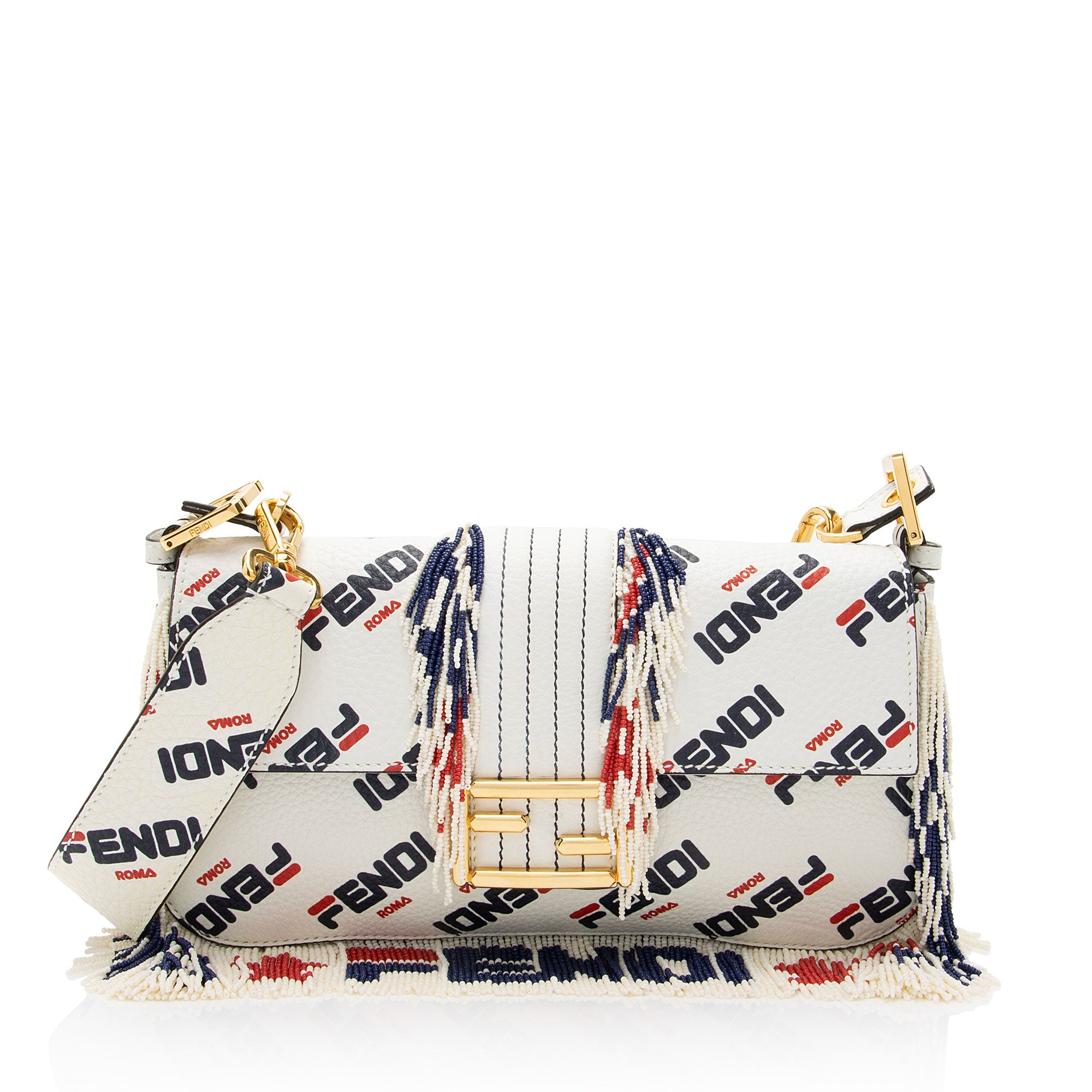Fendi X Fila Mania Calfskin Beaded Baguette Shoulder Bag (SHF-bdJOQe)