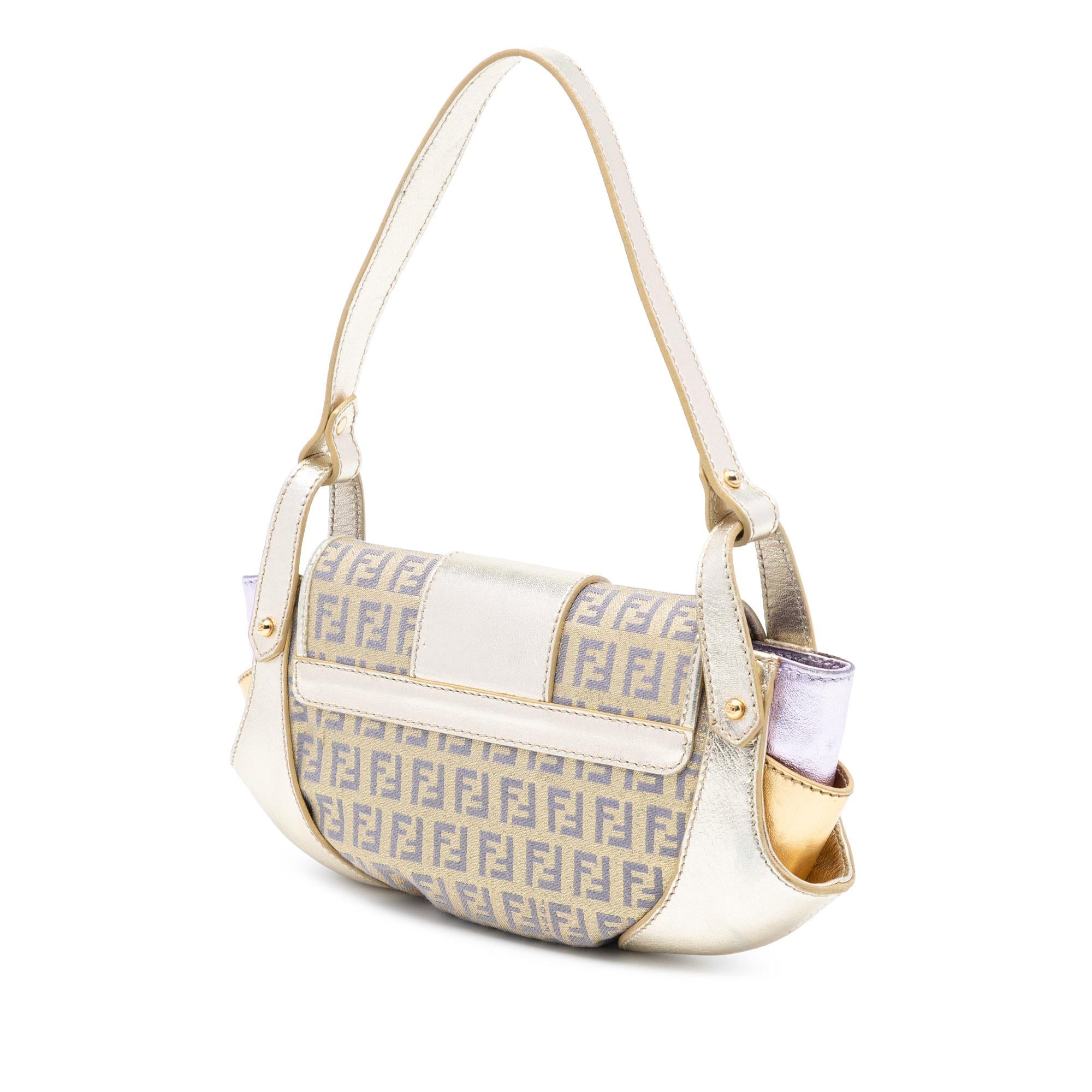 Fendi Zucchino Coated Canvas and Metallic Leather Compilation Shoulder Fendi Zucchino Coated Canvas and Metallic Leather Compilation Shoulder