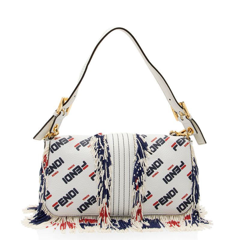 Fendi x Fila Calfskin Mania Beaded Fringe Baguette Shoulder Bag (SHF-OjJL4V)