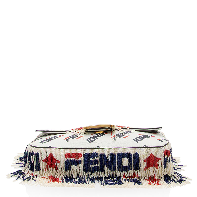 Fendi x Fila Calfskin Mania Beaded Fringe Baguette Shoulder Bag (SHF-OjJL4V)