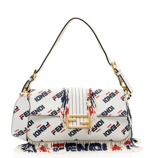 Fendi x Fila Calfskin Mania Beaded Fringe Baguette Shoulder Bag SHF O LuxeDH