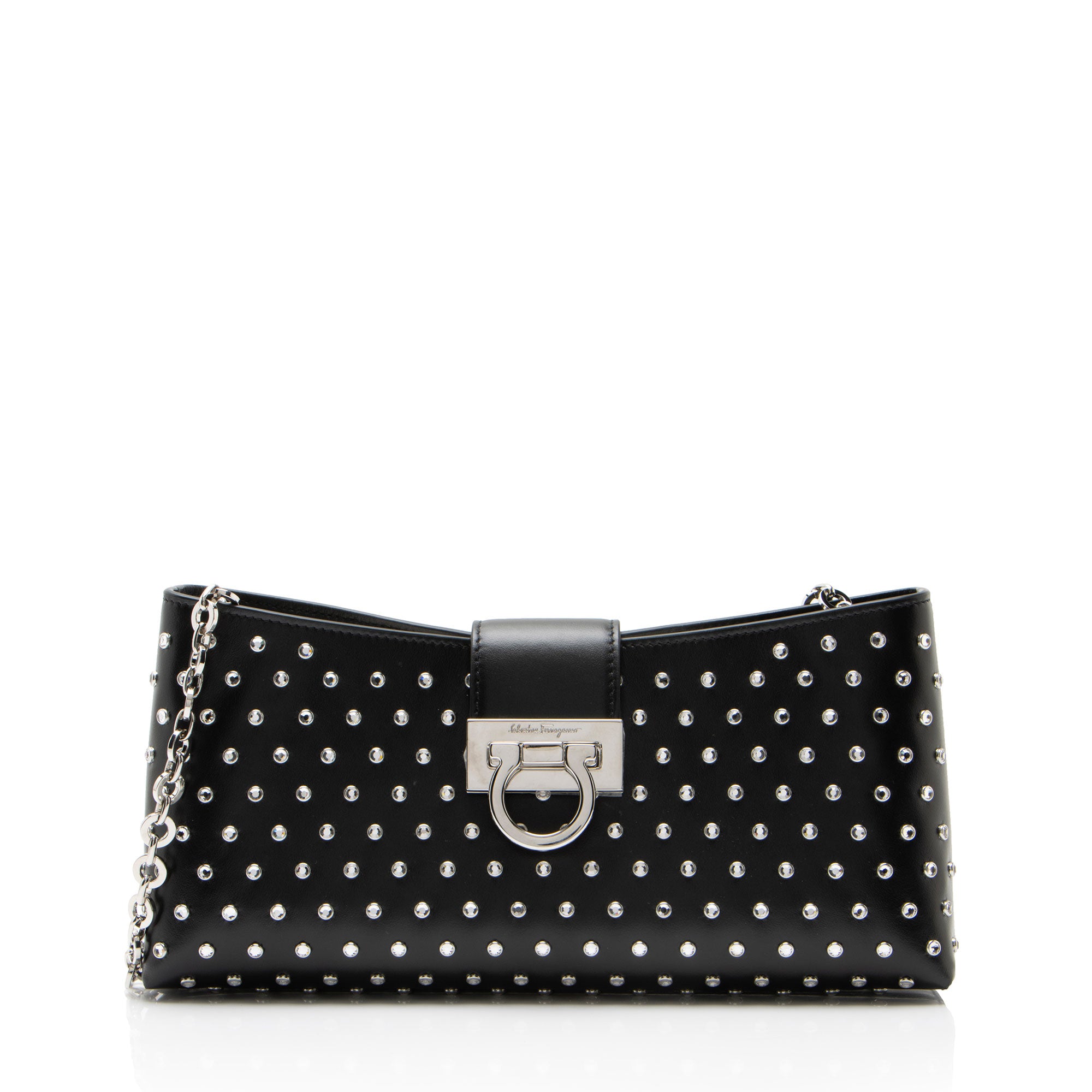 Ferragamo Leather Crystal Trifolio Chain Shoulder Bag