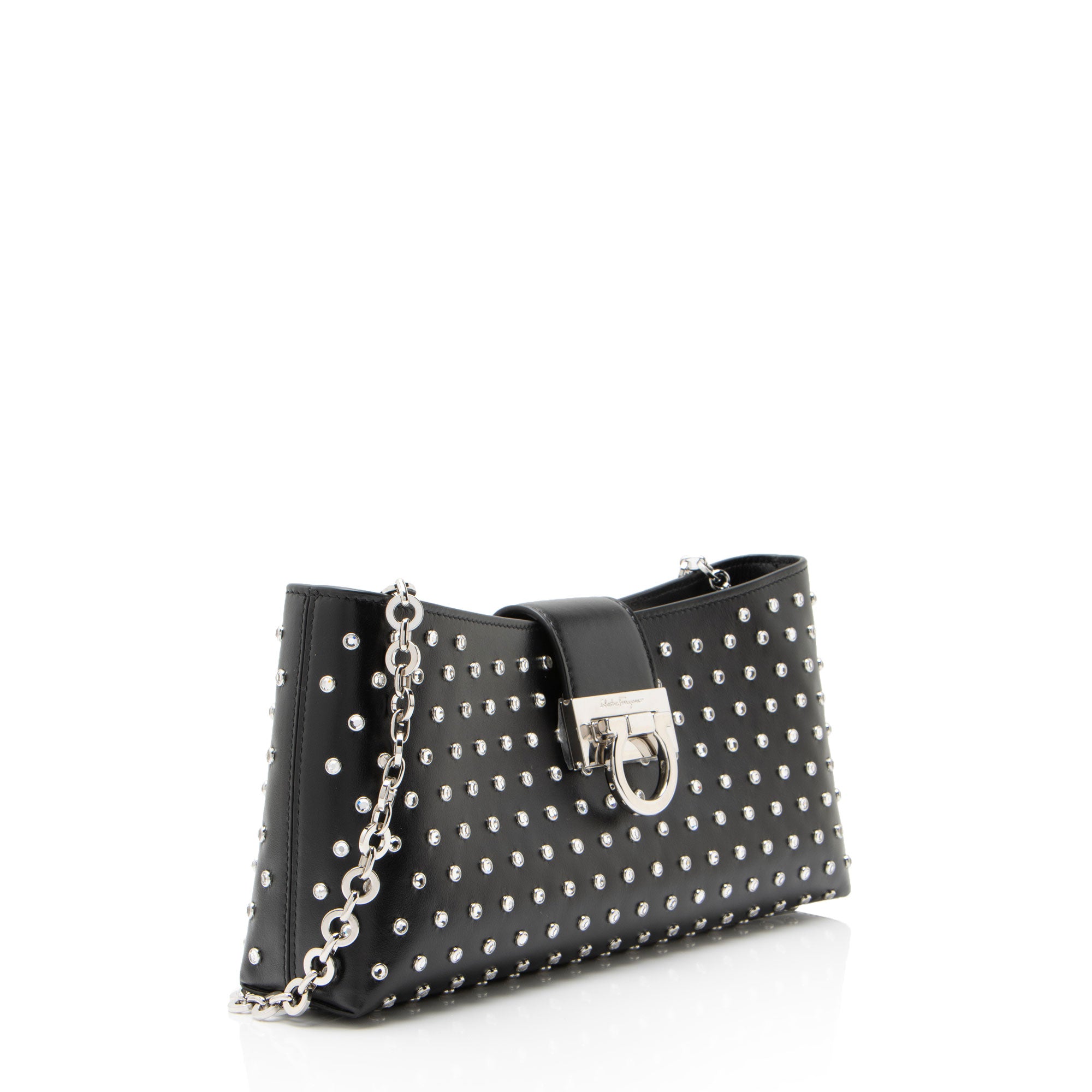 Ferragamo Leather Crystal Trifolio Chain Shoulder Bag