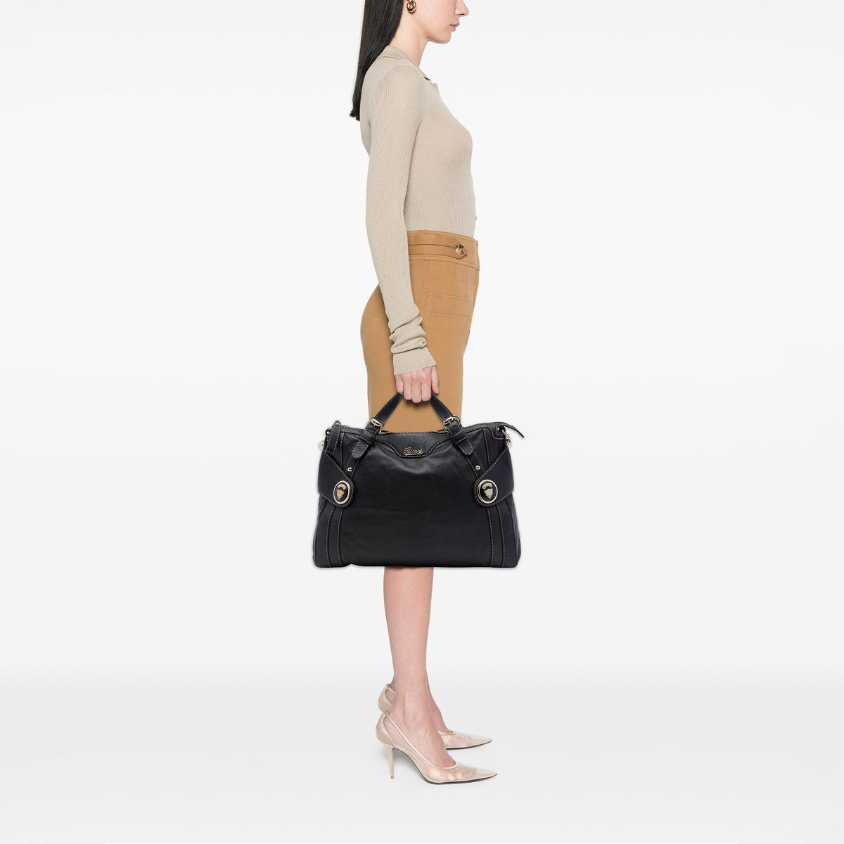 Gucci Calfskin Crest Boule Top Handle Bag