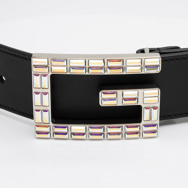 Double G Crystal Embellished Leather Belt in Black - Gucci