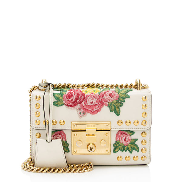 Gucci Calfskin Floral Studded Padlock Small Shoulder Bag (SHF-XfBq3s)