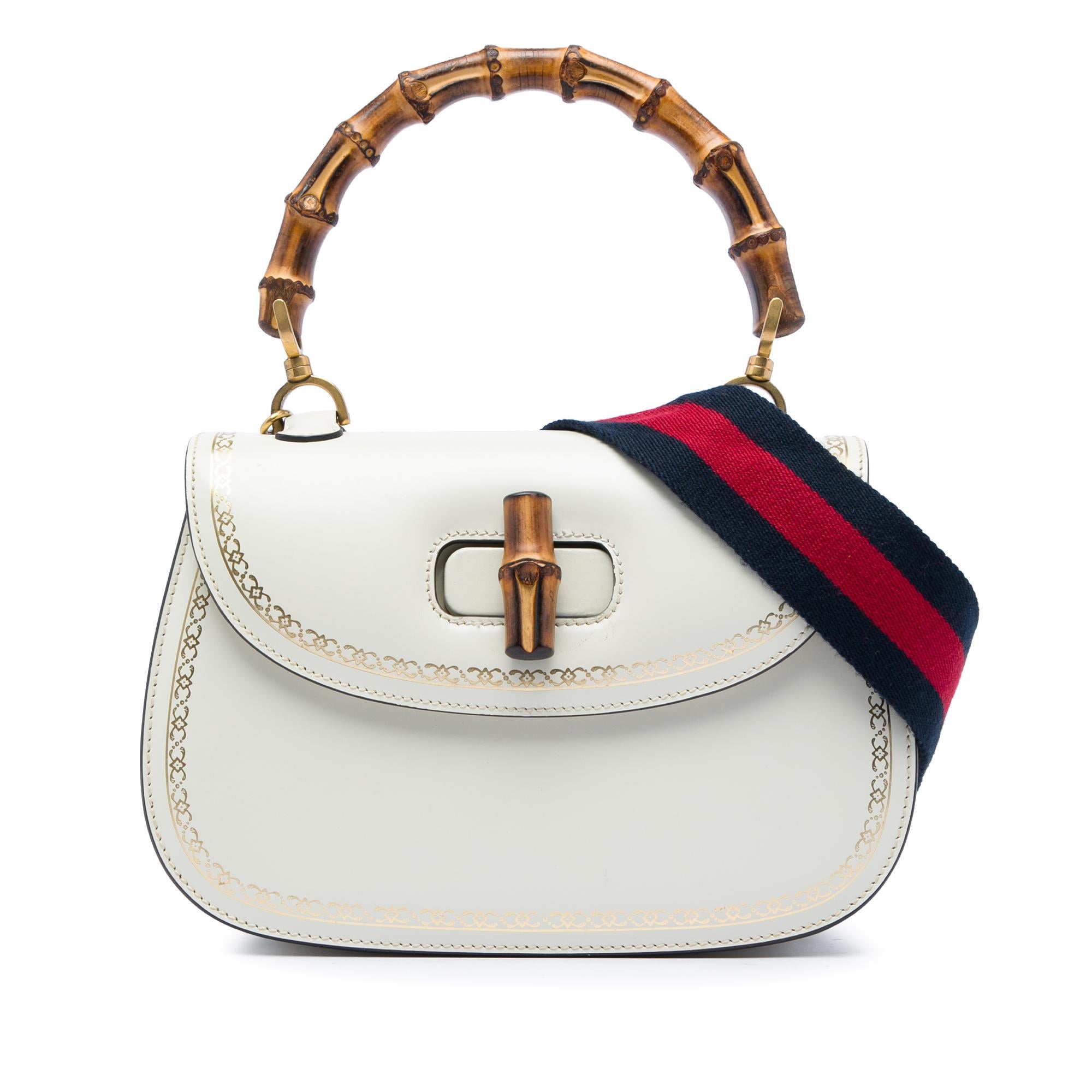 Gucci Calfskin Frame Print Bamboo Web Top Handle Bag