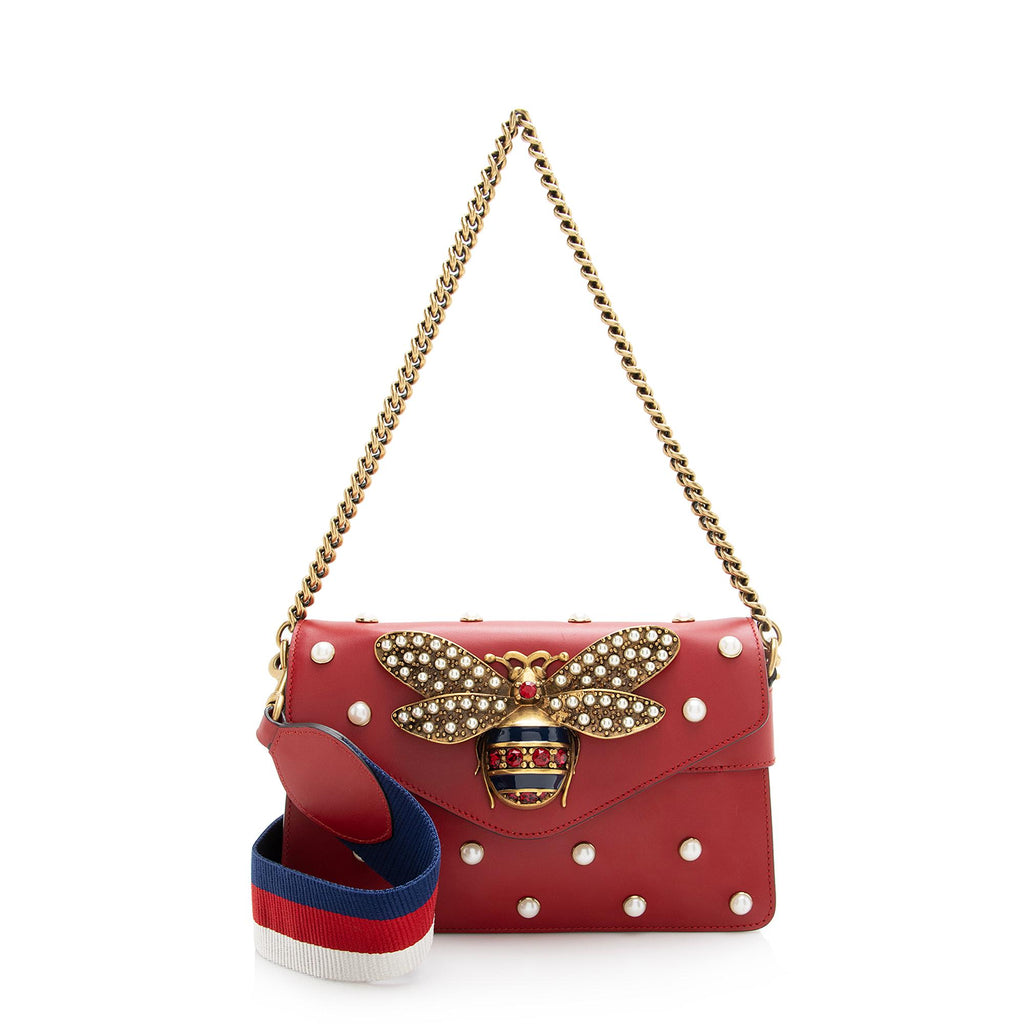 Gucci Red Leather Pearl Studded Mini Broadway Bee Shoulder Bag
