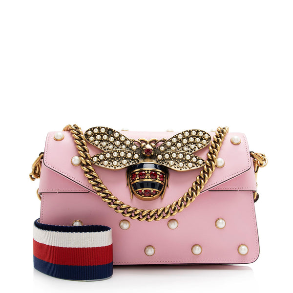 Gucci Calfskin Pearl Bee Broadway Mini Shoulder Bag (SHF-23779)