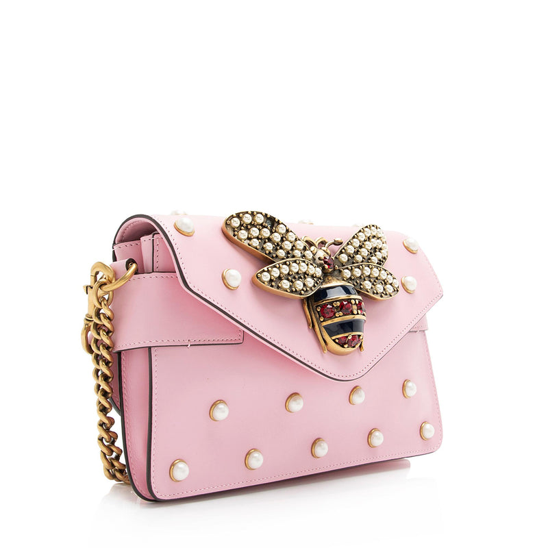 Gucci Calfskin Pearl Bee Broadway Mini Shoulder Bag (SHF-23779)