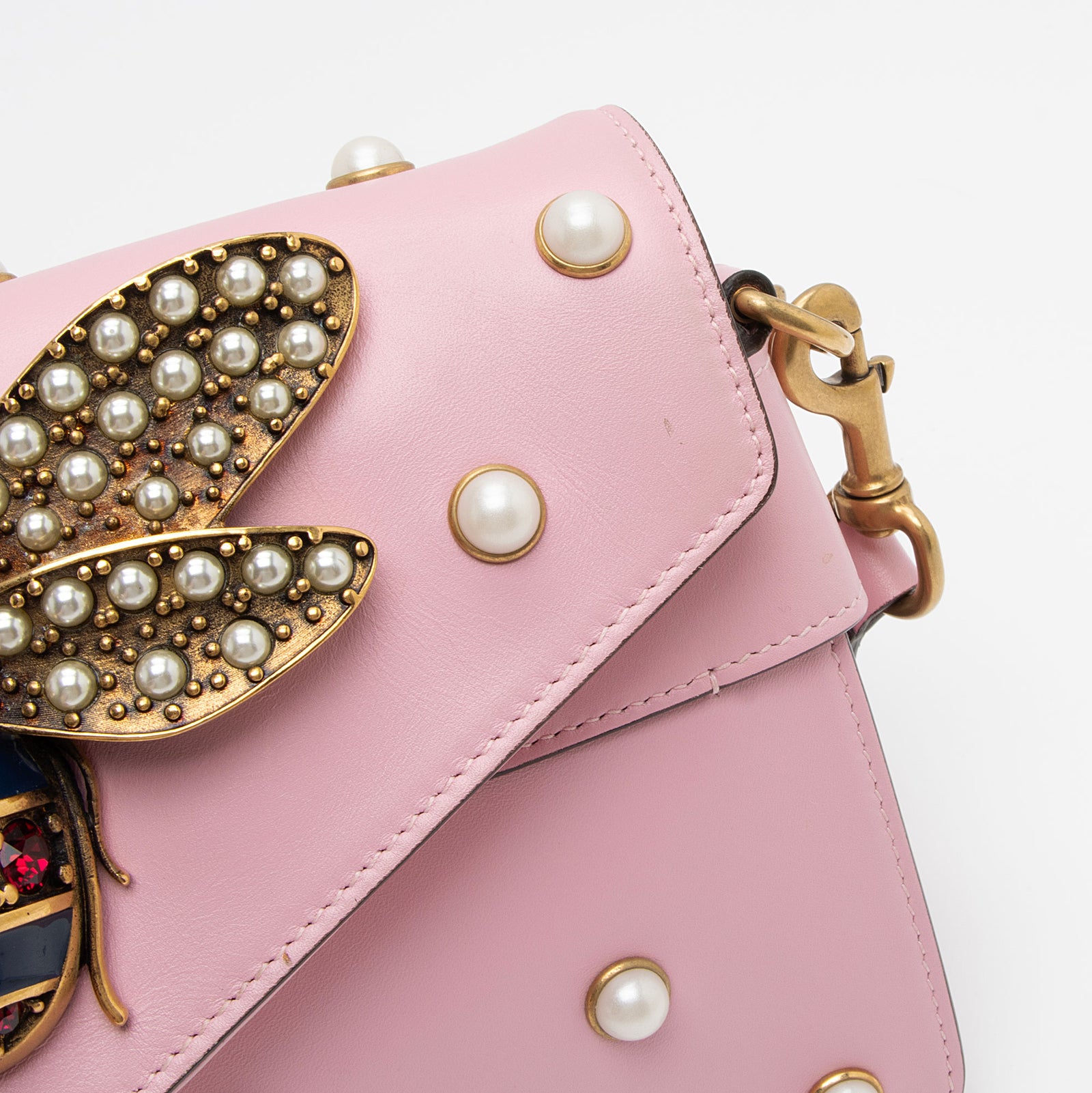 Gucci Calfskin Pearl Bee Broadway Mini Shoulder Bag SHF 11dMr1 LuxeDH