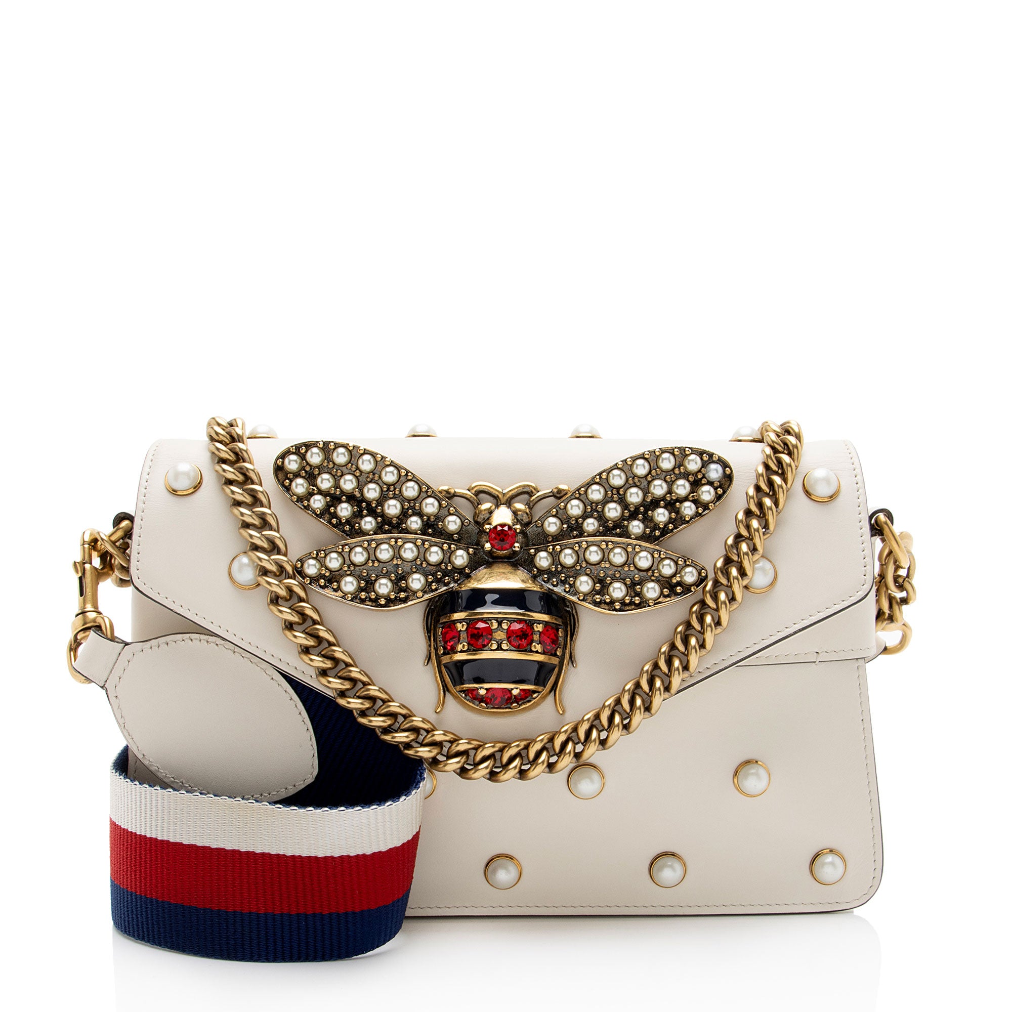 Gucci Calfskin Pearl Bee Broadway Mini Shoulder Bag
