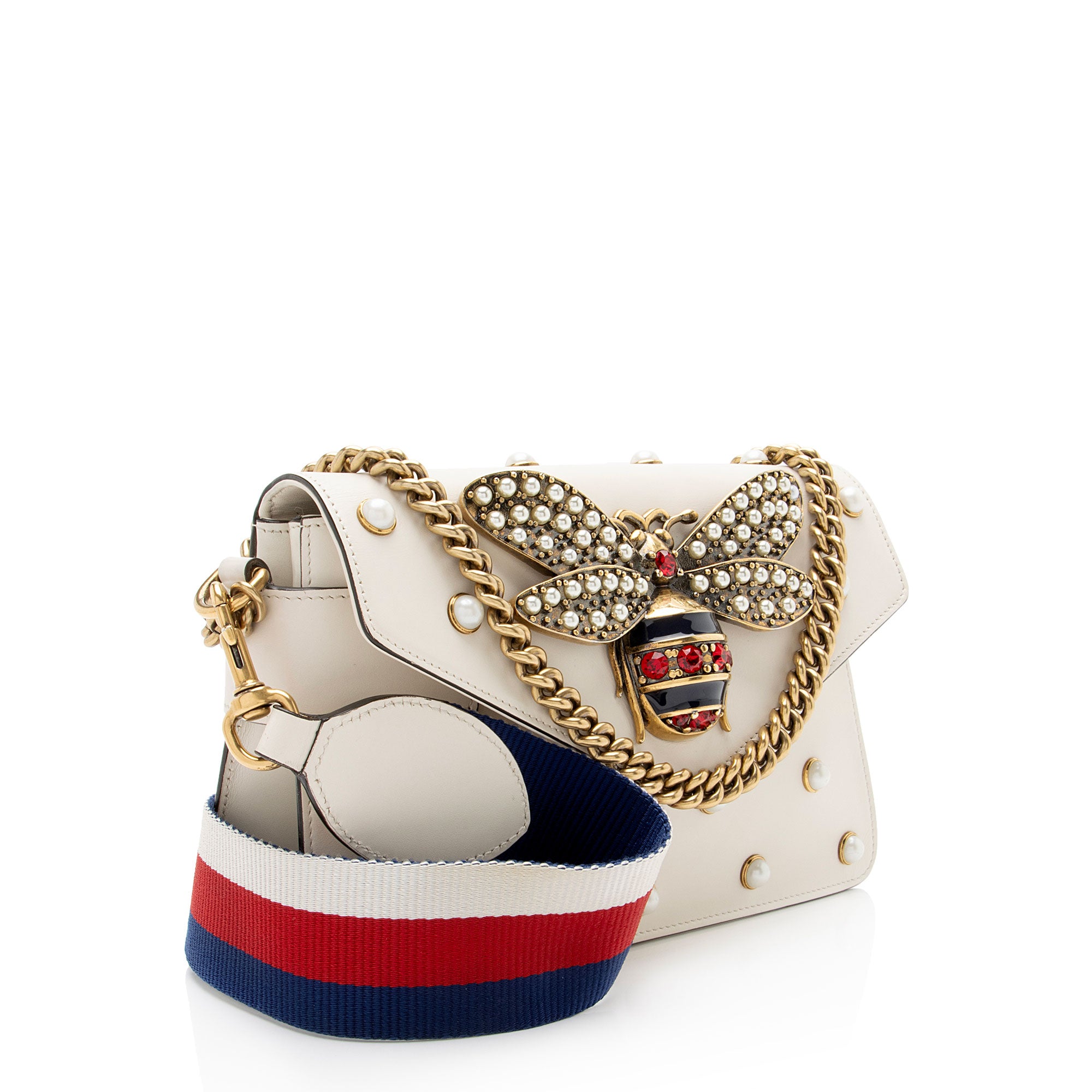 Gucci Calfskin Pearl Bee Broadway Mini Shoulder Bag