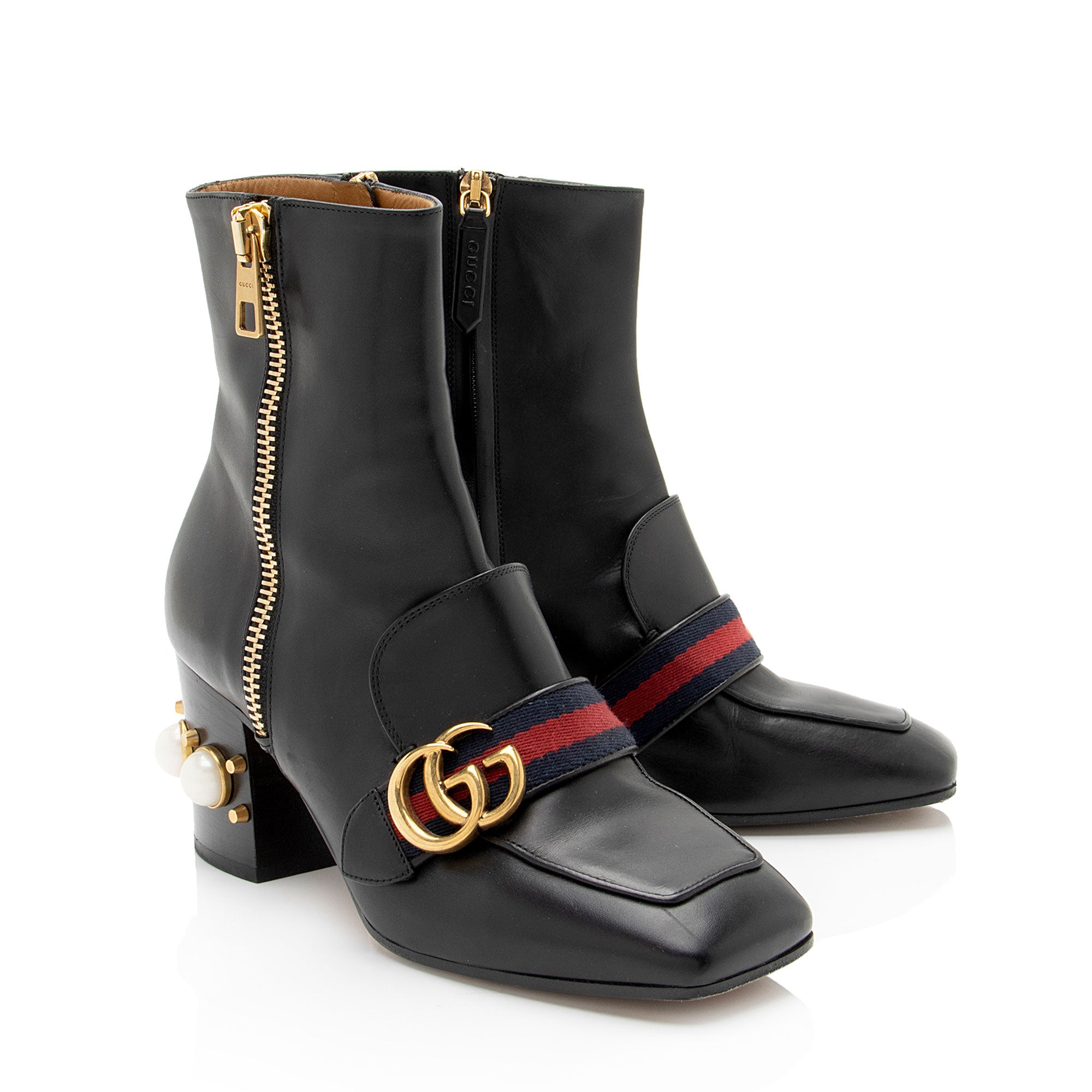 Gucci Calfskin GG Web Pearl Peyton Ankle Boots - Size 7 / 37 (SHF-NfjH