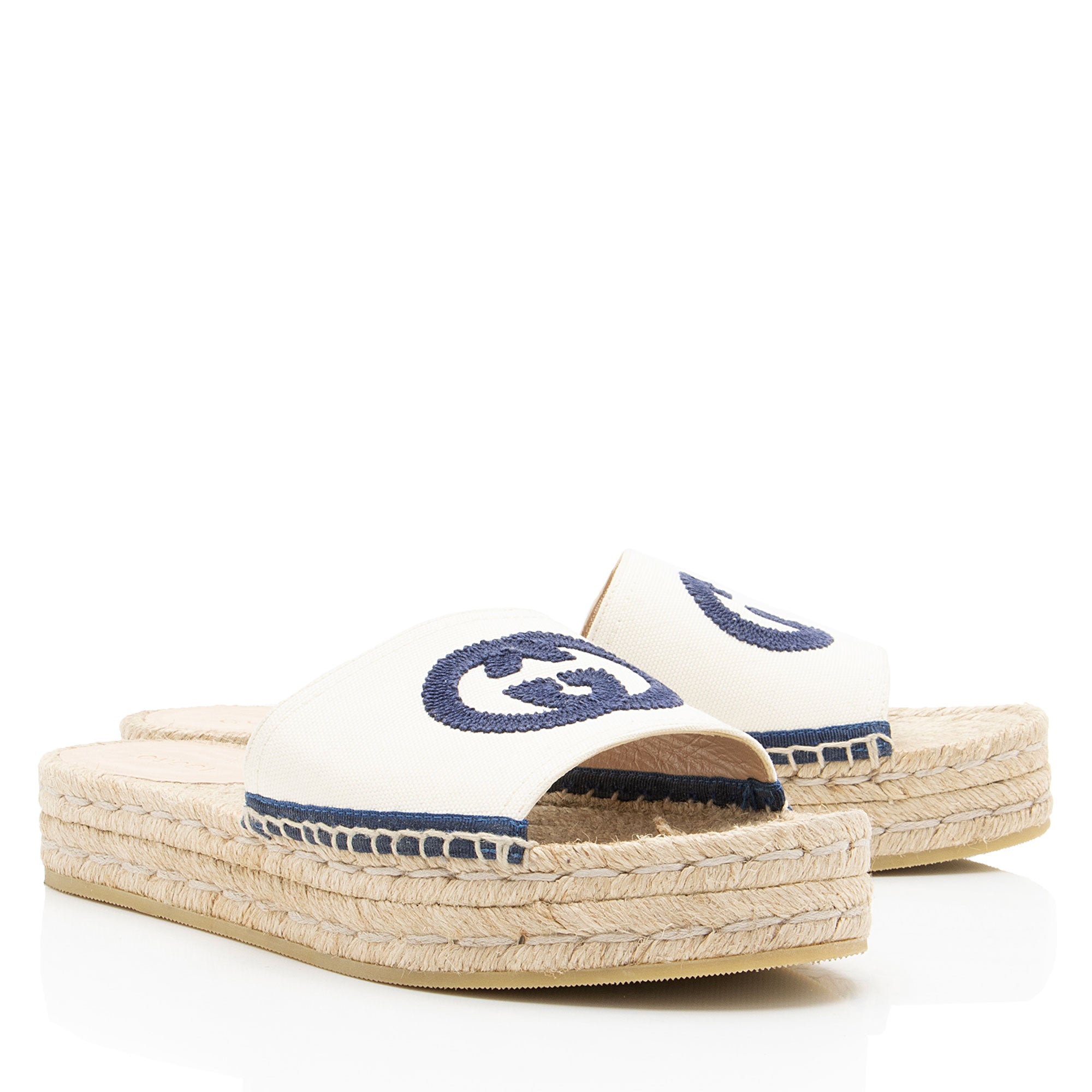 Gucci Canvas Embroidered Interlocking G Pilar Espadrille Slides - Size 7 / 37