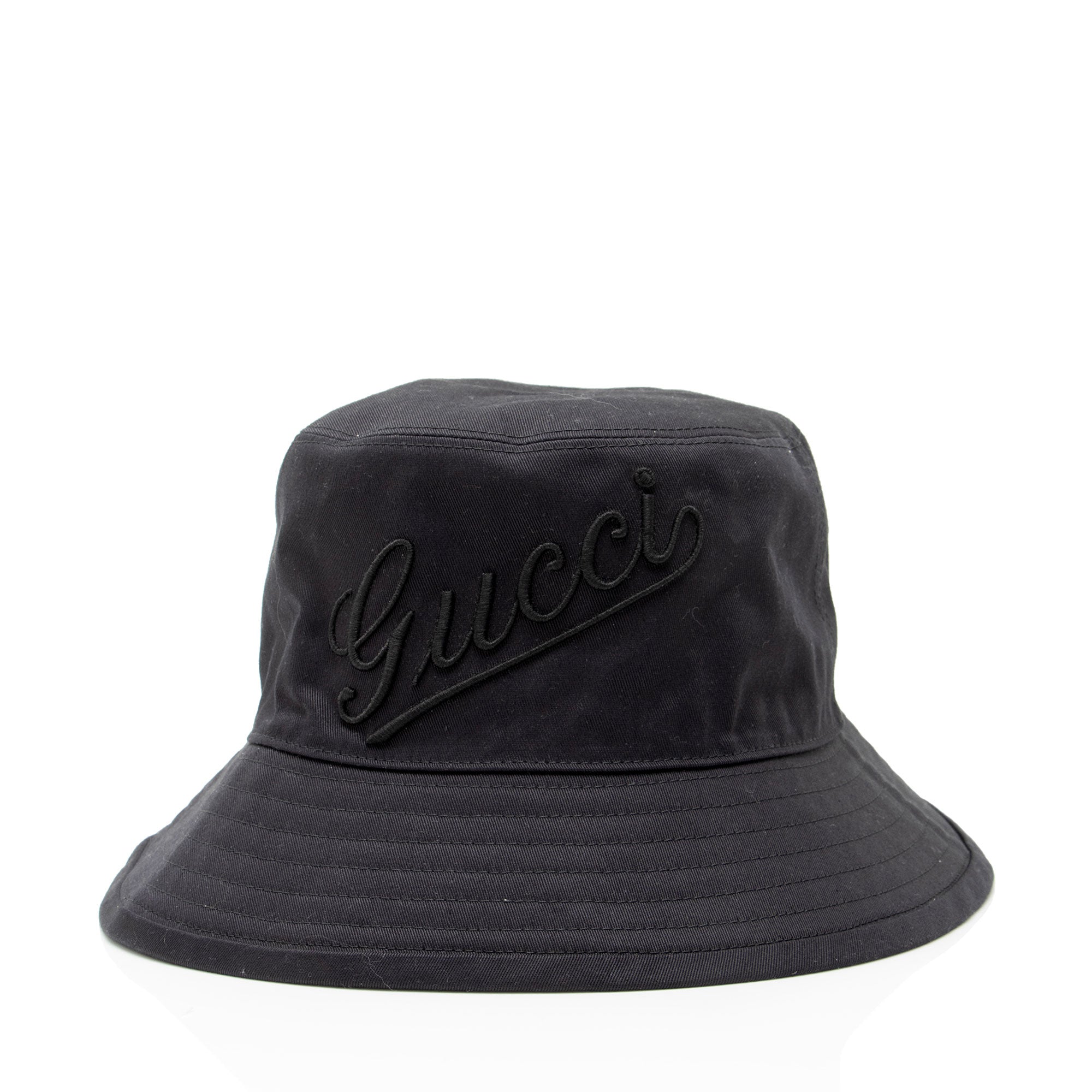 Gucci Cotton Embroidered Script Logo Bucket Hat - Size M