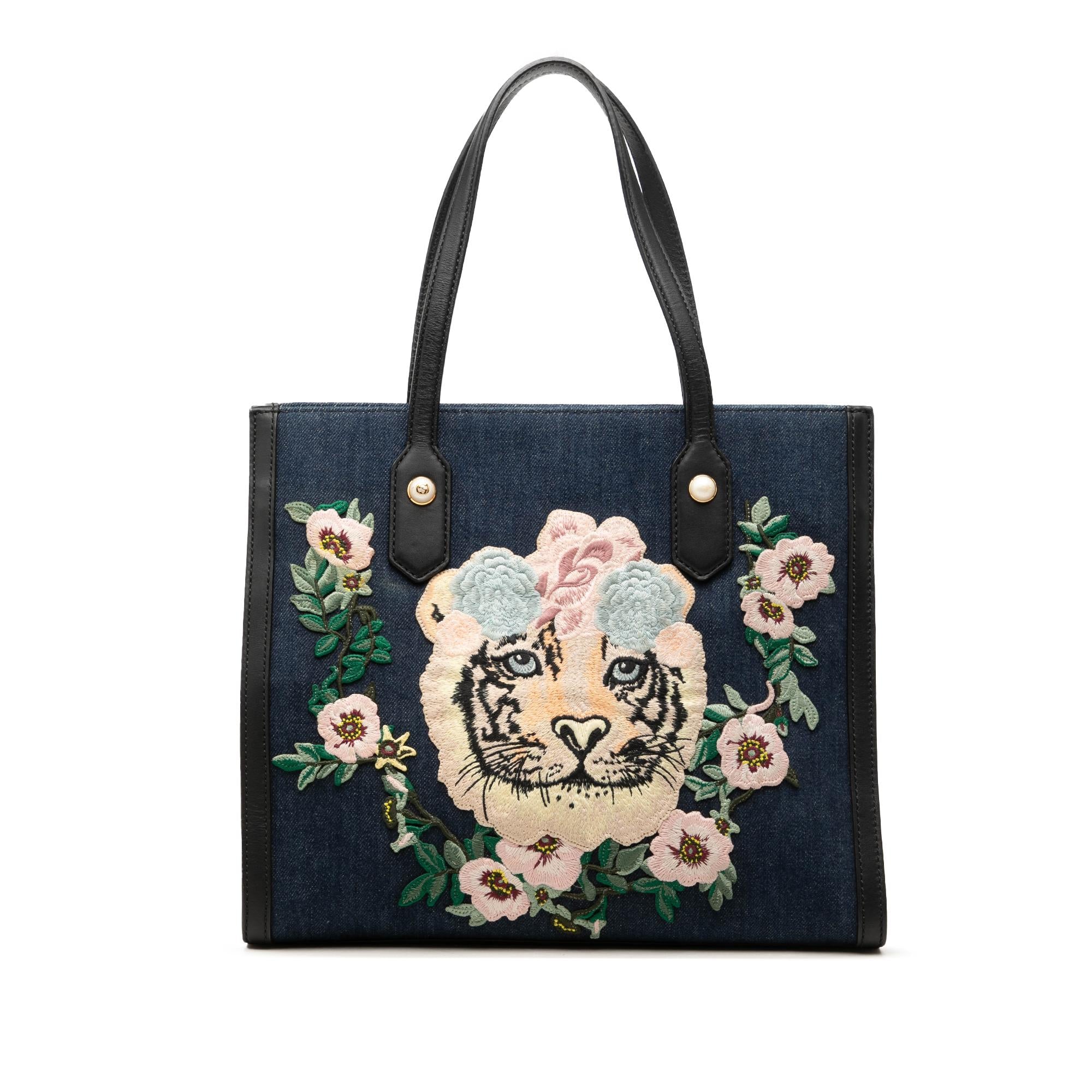Gucci Denim Embroidered Tiger Tote