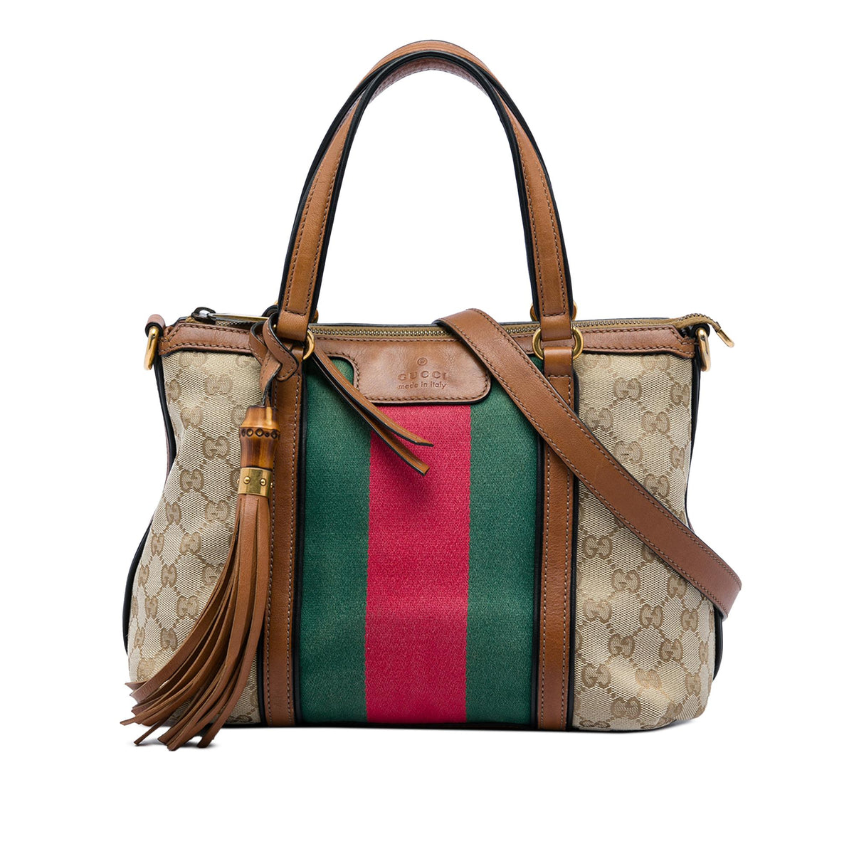 Gucci GG Canvas Bamboo Tassel Web Satchel