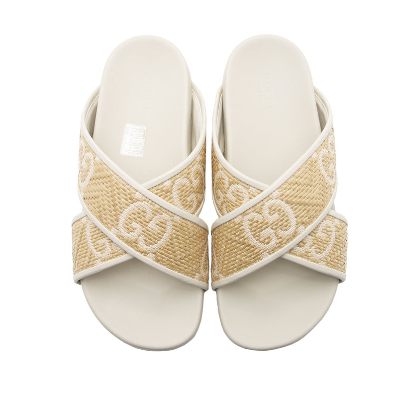 Gucci GG Raffia Leather Crisscross Slides - Size 9 / 39 (SHF