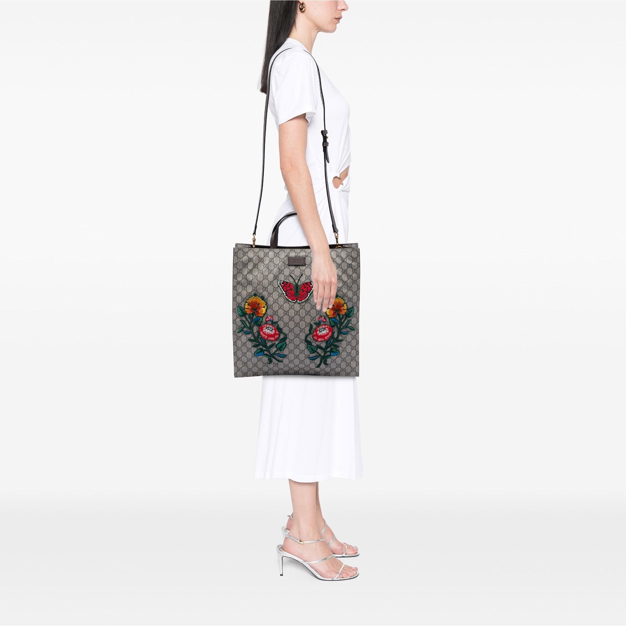 Gucci GG Supreme Butterfly and Flower Embroidery Convertible Soft Tote