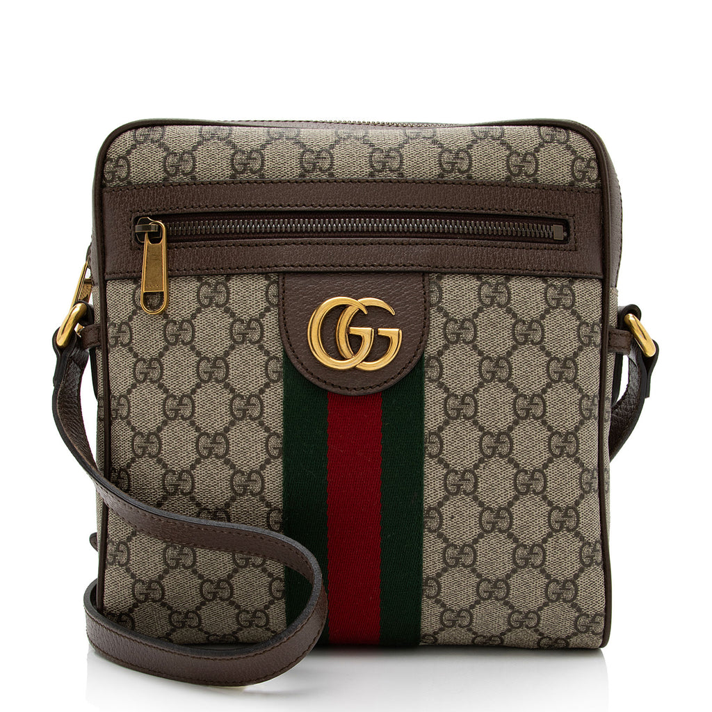 Gucci GG Supreme Monogram Messenger Bag Brown Beige Double Buckle