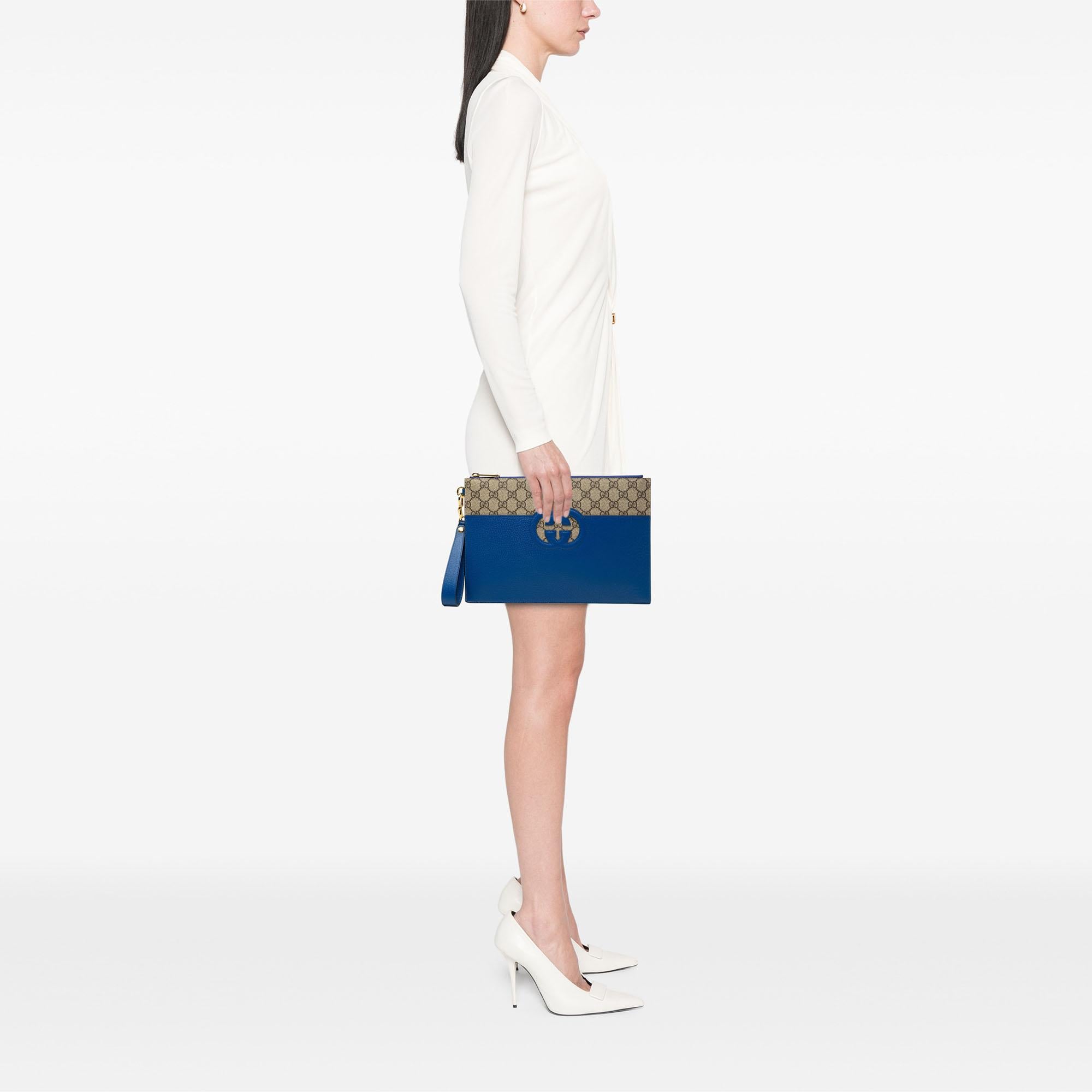 Gucci GG Supreme and Calfskin Cut Out Interlocking G Clutch