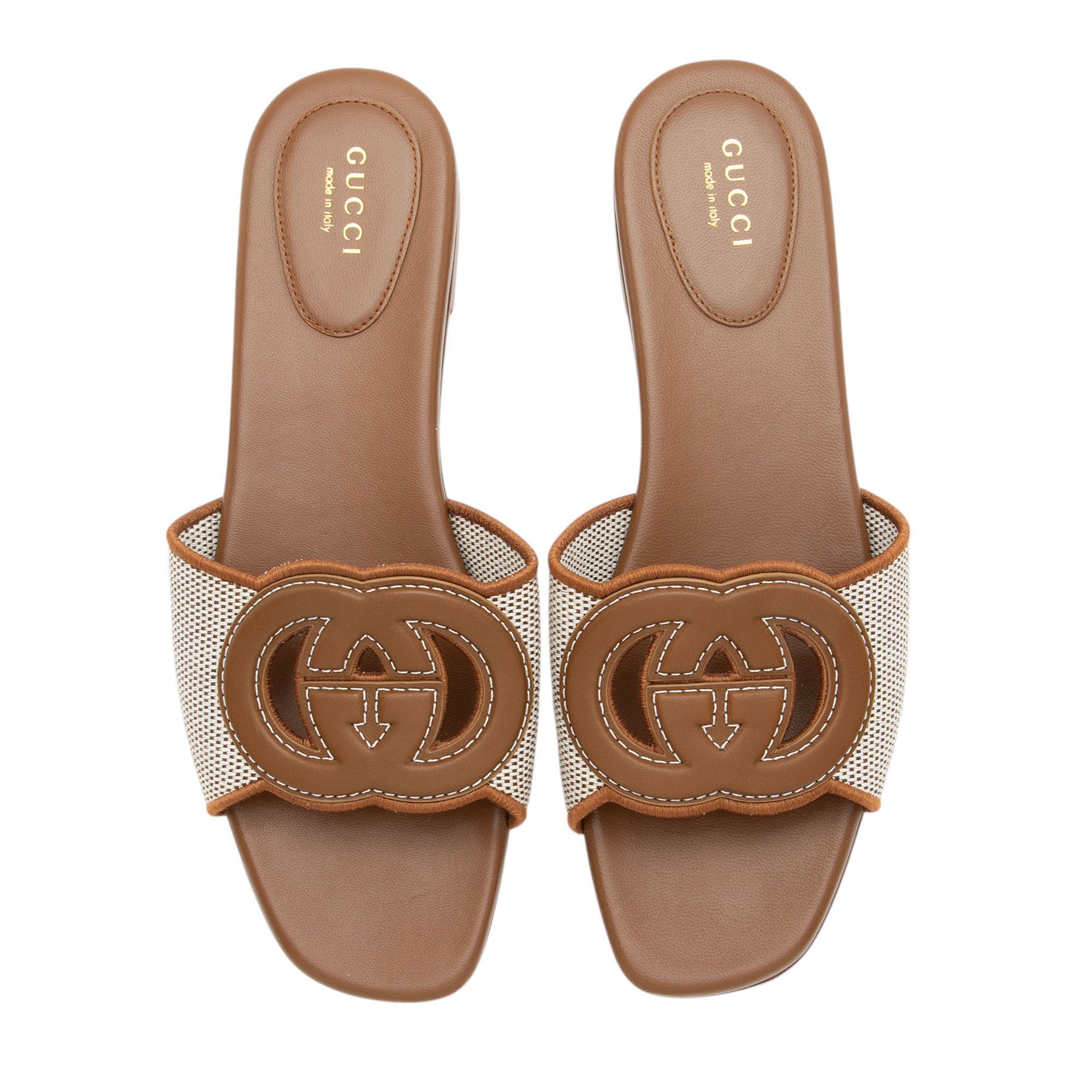 Gucci Leather Canvas Interlocking G Slides - Size 9 / 39