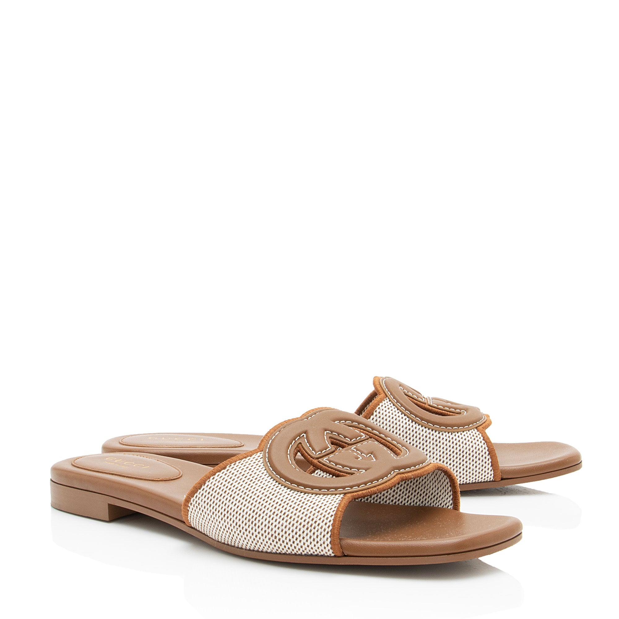 Gucci Leather Canvas Interlocking G Slides - Size 9 / 39