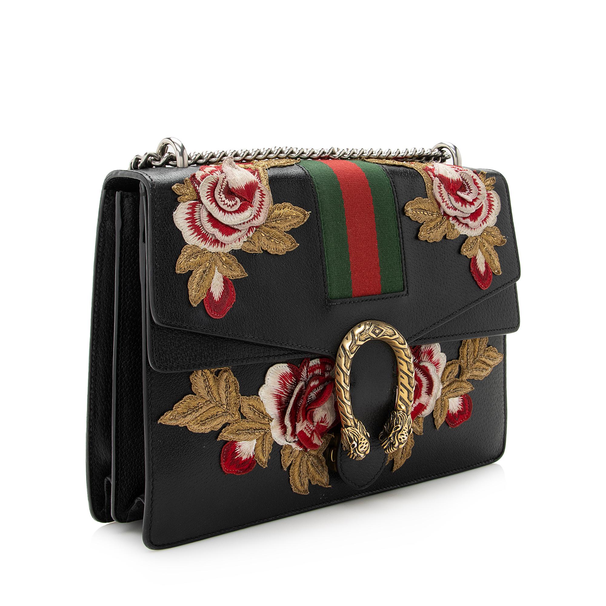Gucci Leather Embroidered Rose Dionysus Medium Shoulder Bag (SHF-22427