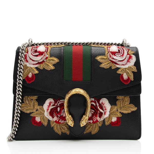 Gucci Leather Embroidered Rose Dionysus Medium Shoulder Bag (SHF-sxhk6S)
