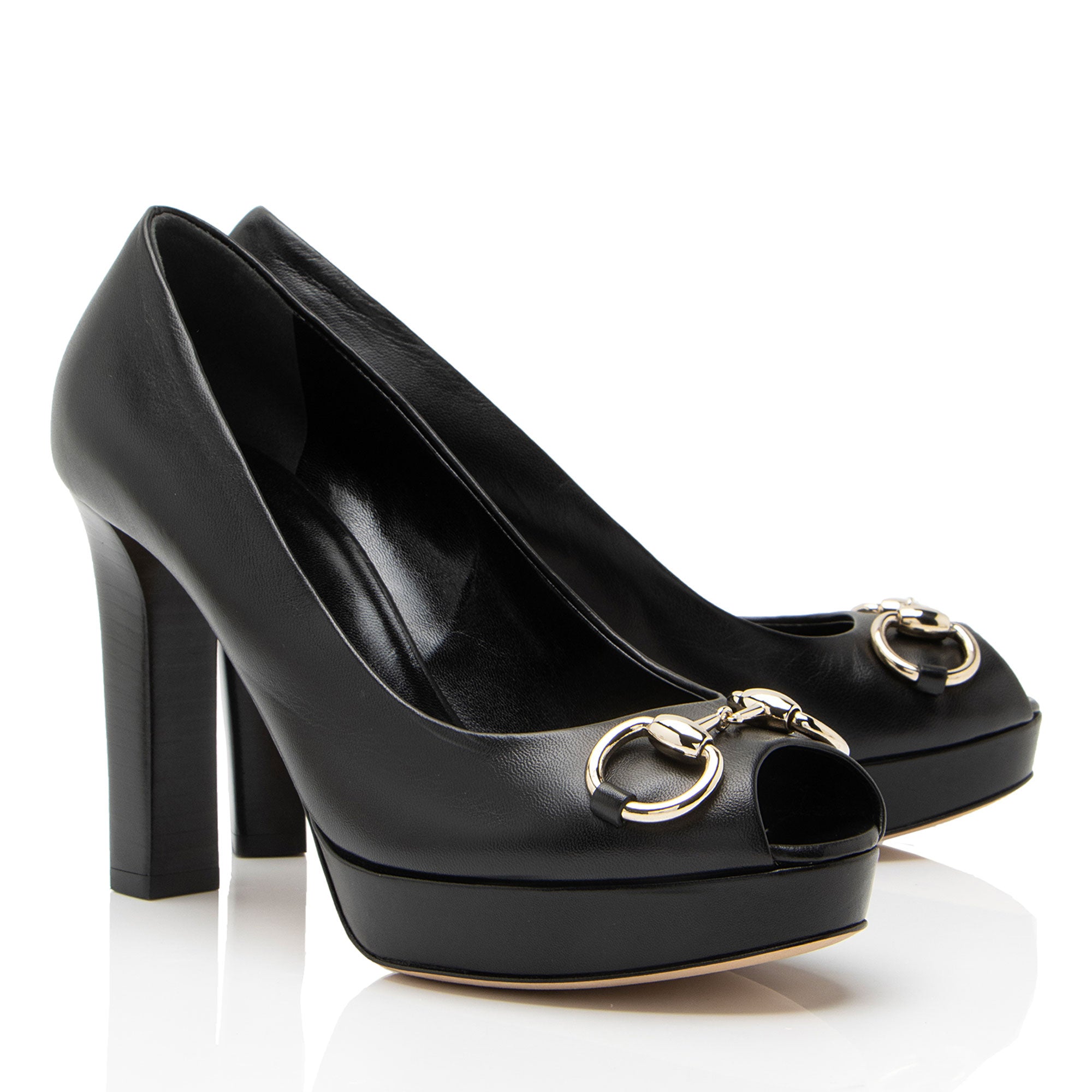 Gucci Leather Horsebit Platform Peep Toe Pumps - Size 7.5 / 37.5