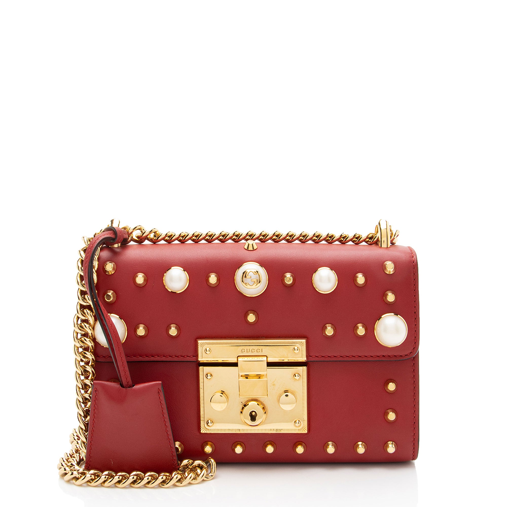 Gucci Leather Pearl Stud Padlock Small Shoulder Bag
