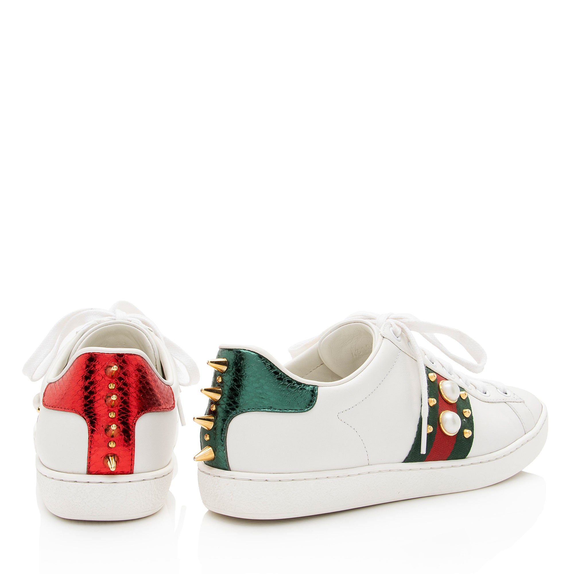 Gucci Leather Pearl Studded Web Ace Sneakers - Size 7 / 37 (SHF-gBzTiz