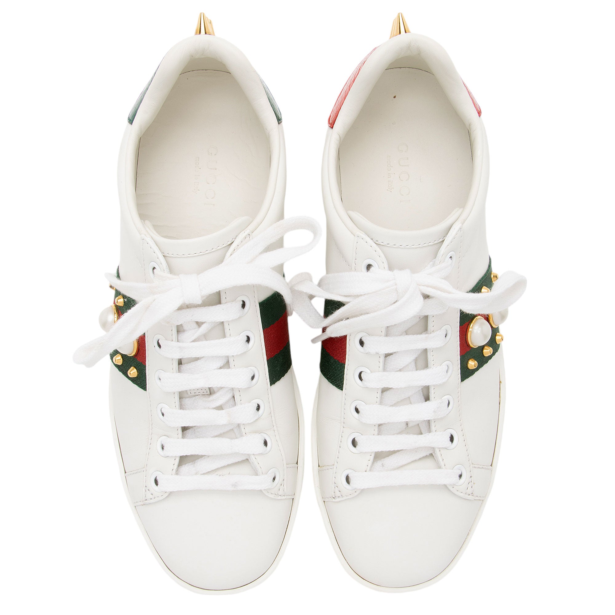 Gucci Leather Pearl Studded Web Ace Sneakers Size 37 (SHF-gBzTiz