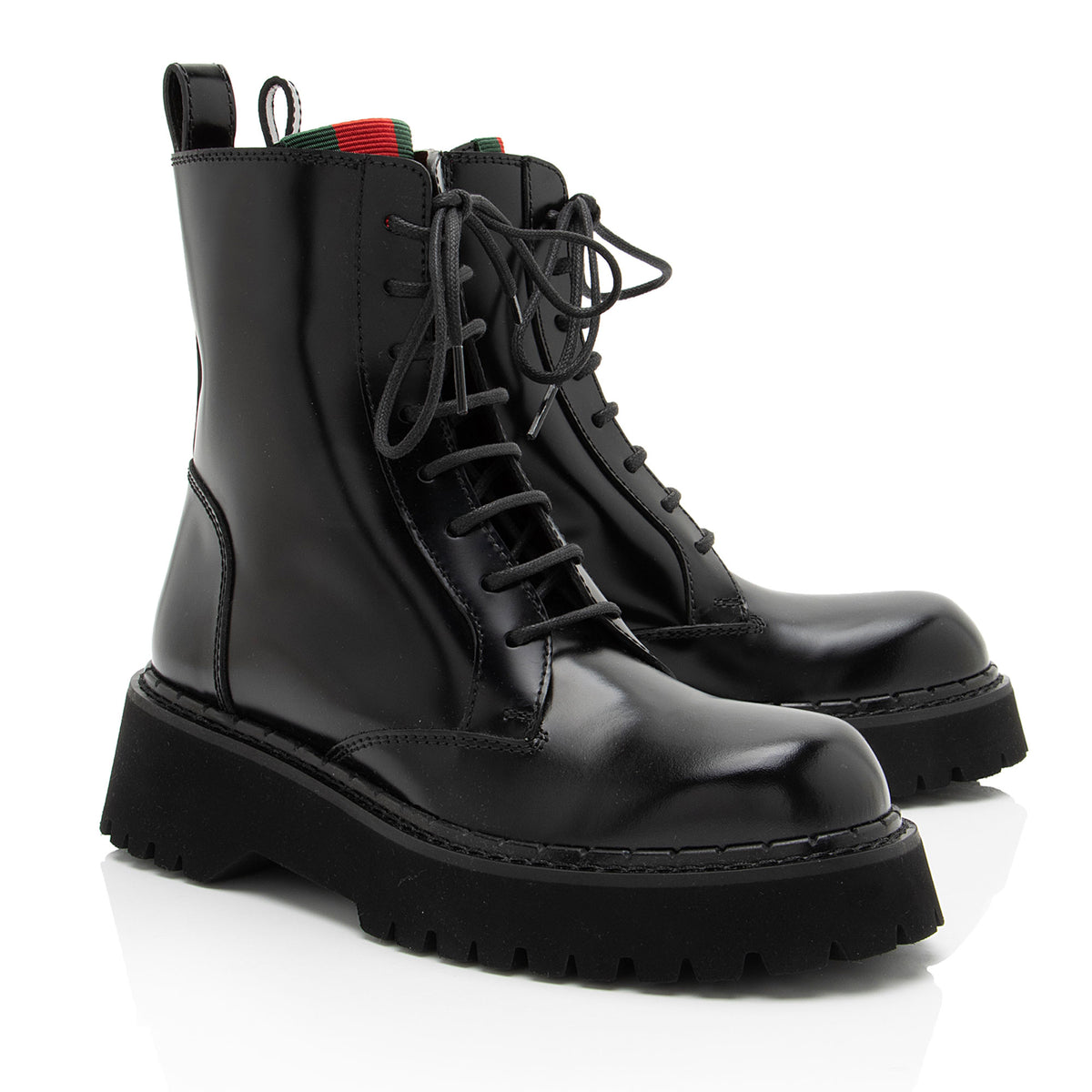 Gucci Leather Web Thea Combat Boots - Size 8 / 38
