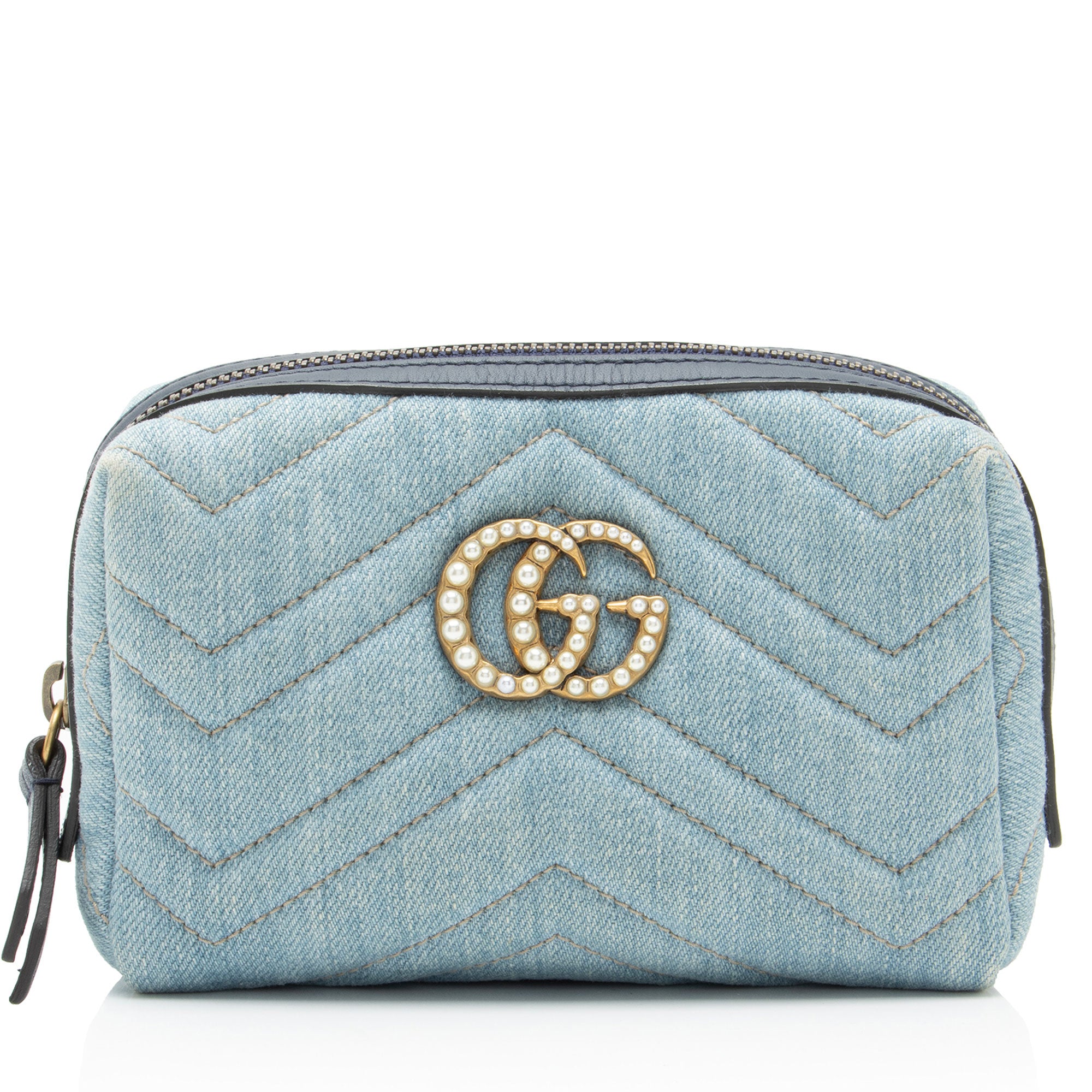 Gucci Matelasse Denim Pearl GG Marmont Cosmetic Case