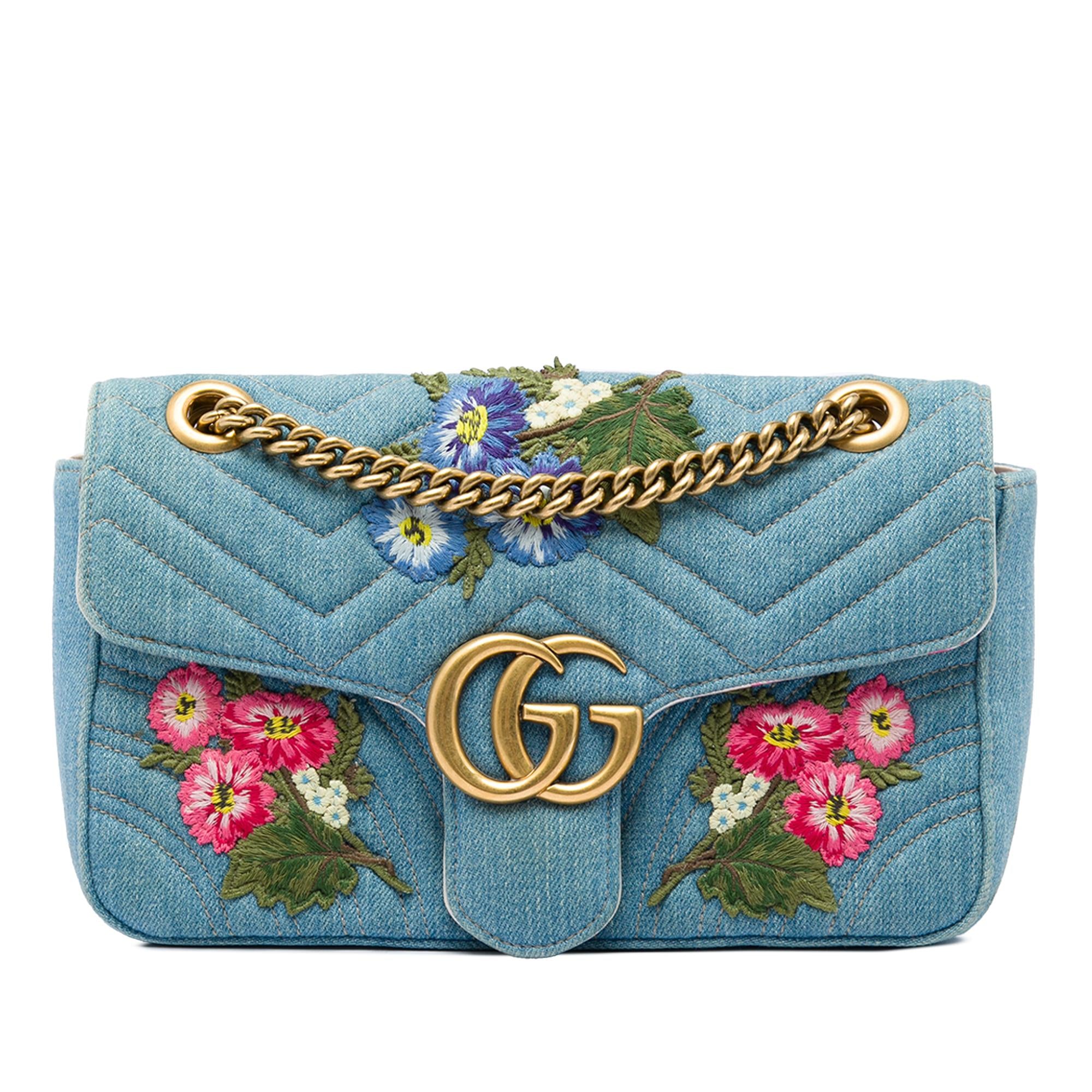 Gucci Medium GG Marmont Matelasse Denim Floral Embroidered Shoulder Bag