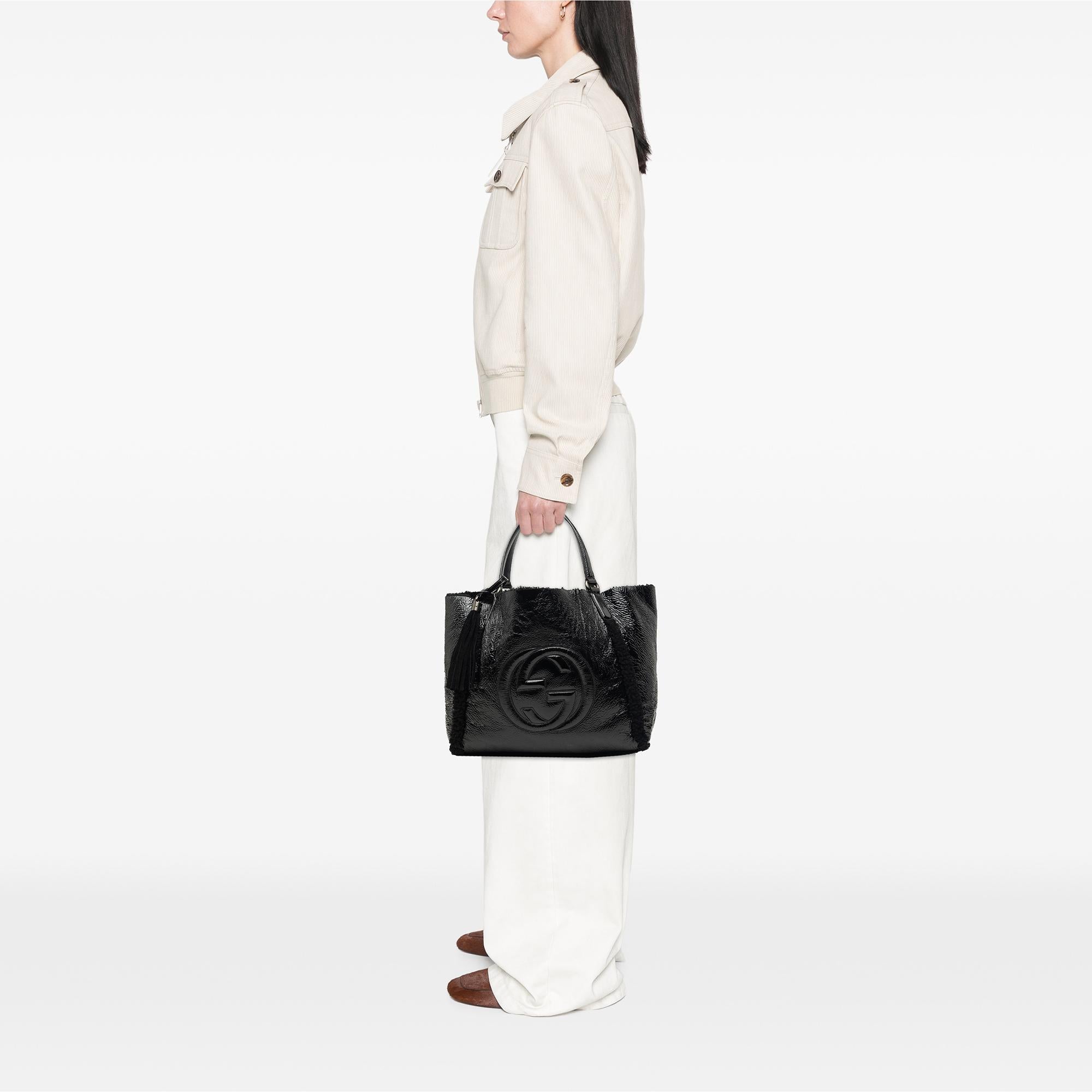 Gucci Medium Shearling Trimmed Patent Soho Cellarius Tote