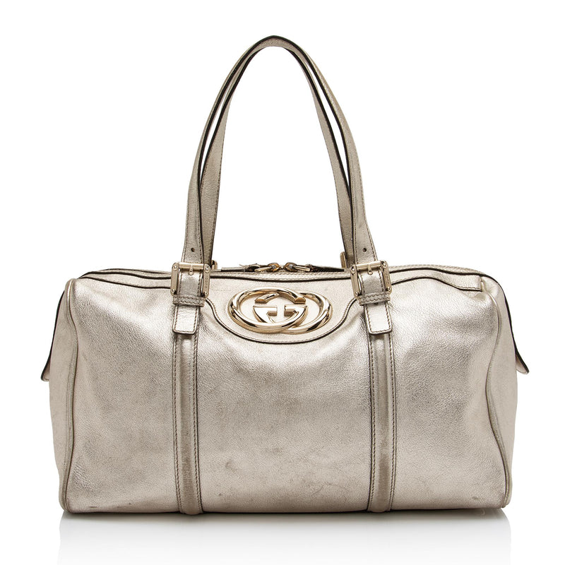 Gucci Metallic Leather Britt Medium Boston Bag (SHF-23530)