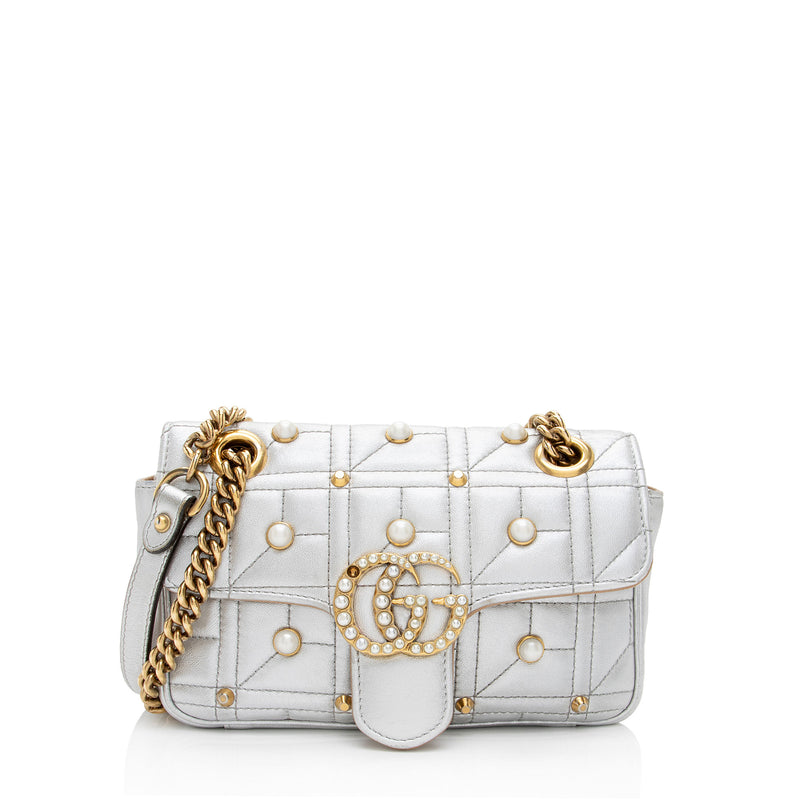 Gucci Metallic Matelasse Leather Pearl GG Marmont Mini Flap Shoulder Bag - FINAL SALE (SHF-ZNLBGf)