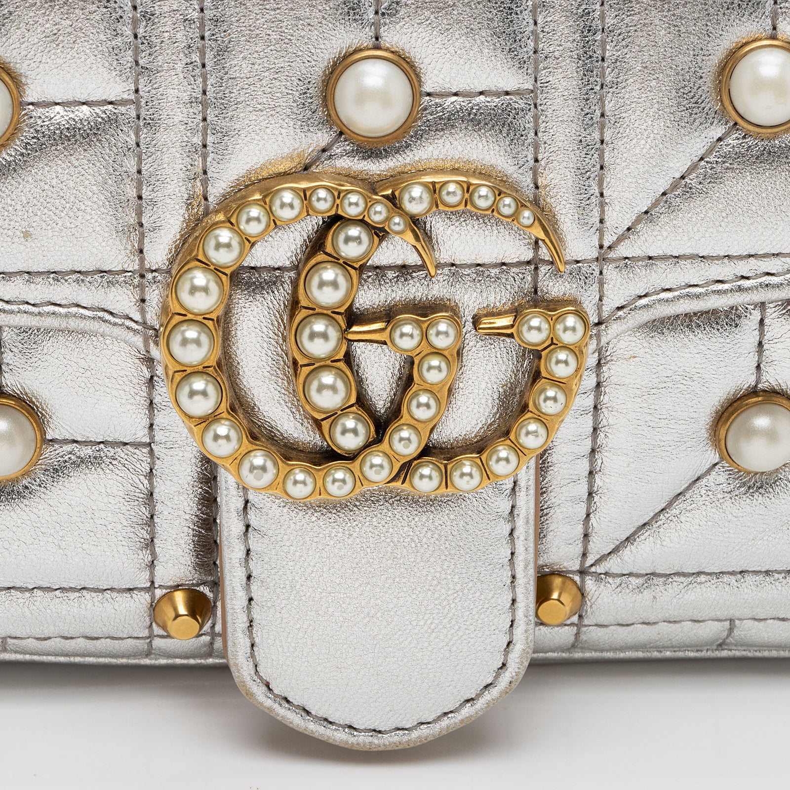 Gucci Metallic Matelasse Leather Pearl GG Marmont Mini Flap Bag SHF P LuxeDH