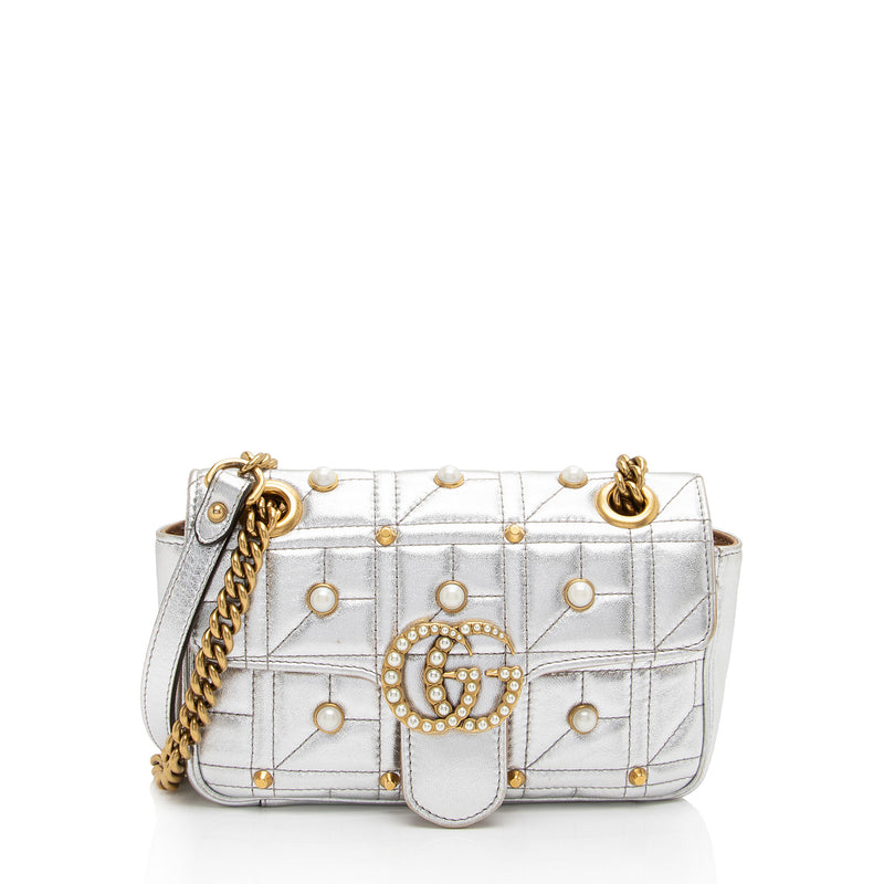 Gucci Metallic Matelasse Leather Pearl GG Marmont Mini Flap Bag (SHF-PMv358)