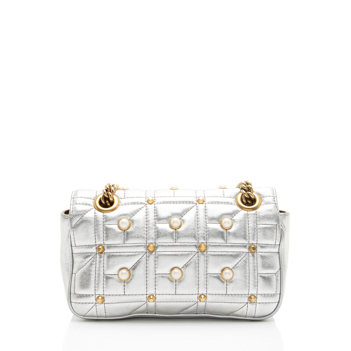 Gucci Metallic Matelasse Leather Pearl GG Marmont Small Flap Bag
