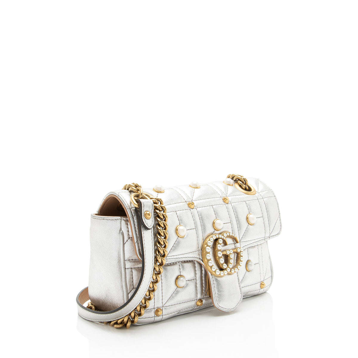 Gucci Metallic Matelasse Leather Pearl GG Marmont Small Flap Bag