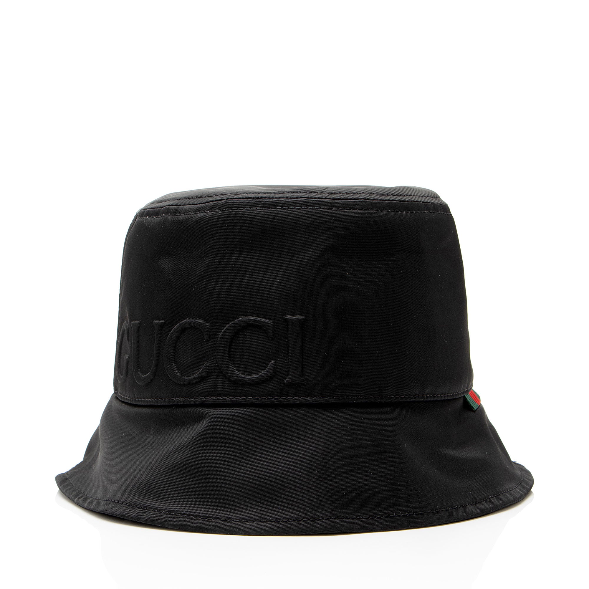 Gucci Nylon Embossed Logo Web Tab Bucket Hat - Size M