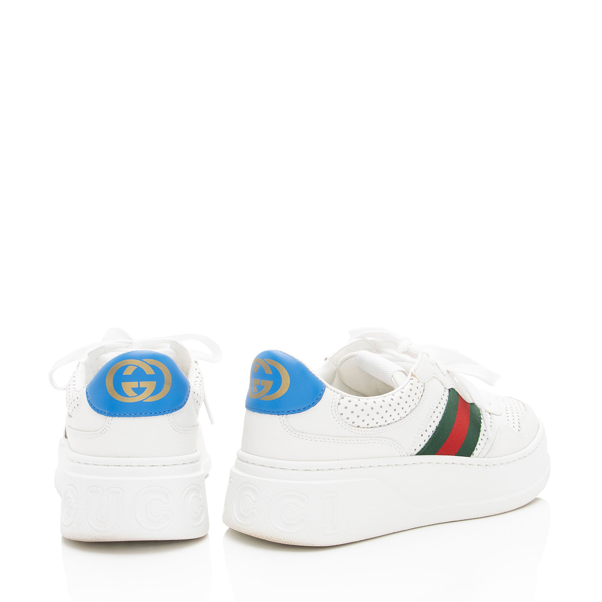Gucci Perforated Leather Web Chunky B Sneakers - Size 8.5 / 38.5