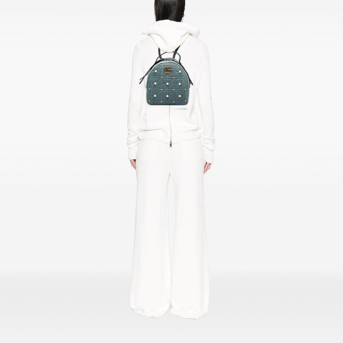Gucci Small GG Marmont Pearl Studded Matelasse Denim Backpack