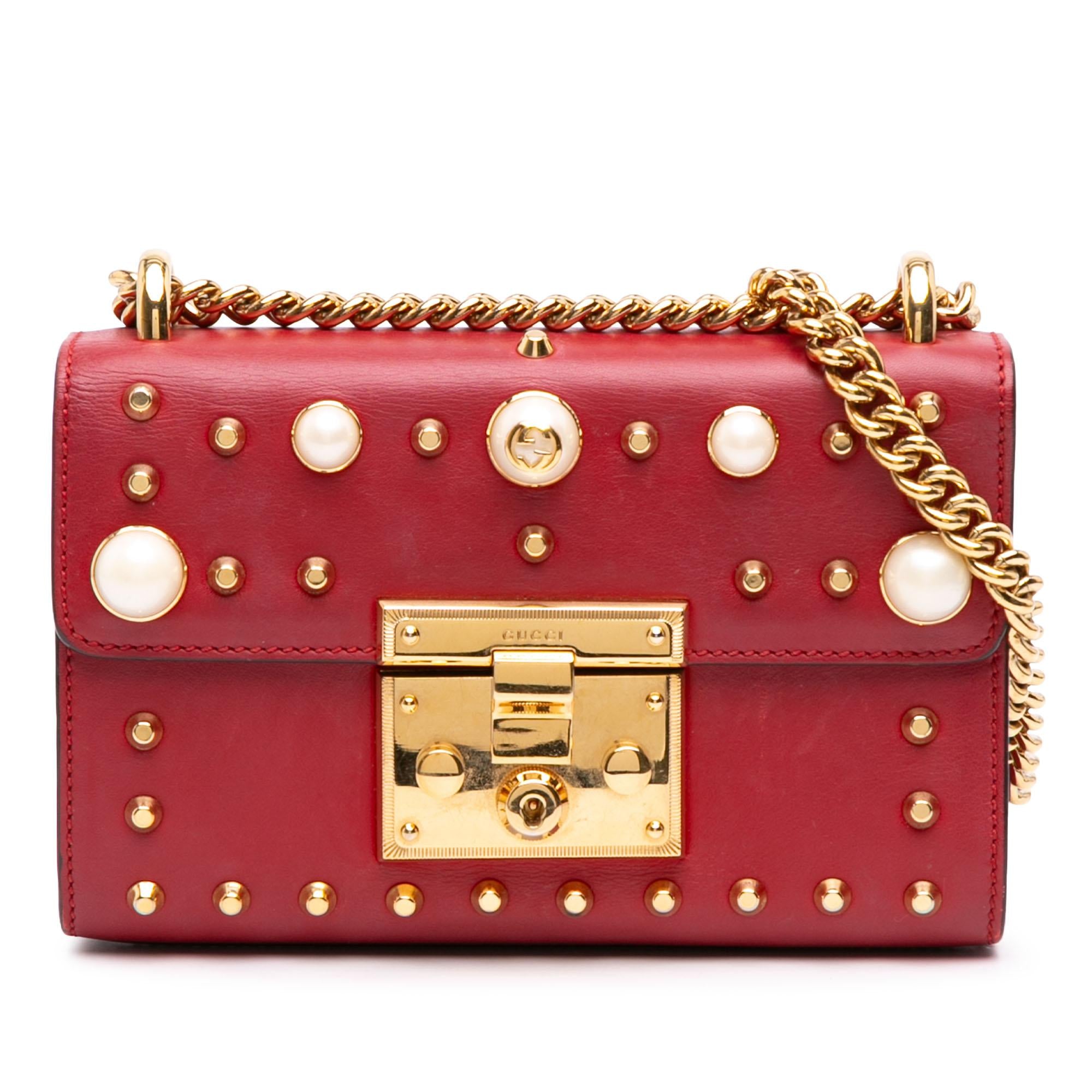 Gucci Small Pearl Studded Leather Padlock Crossbody