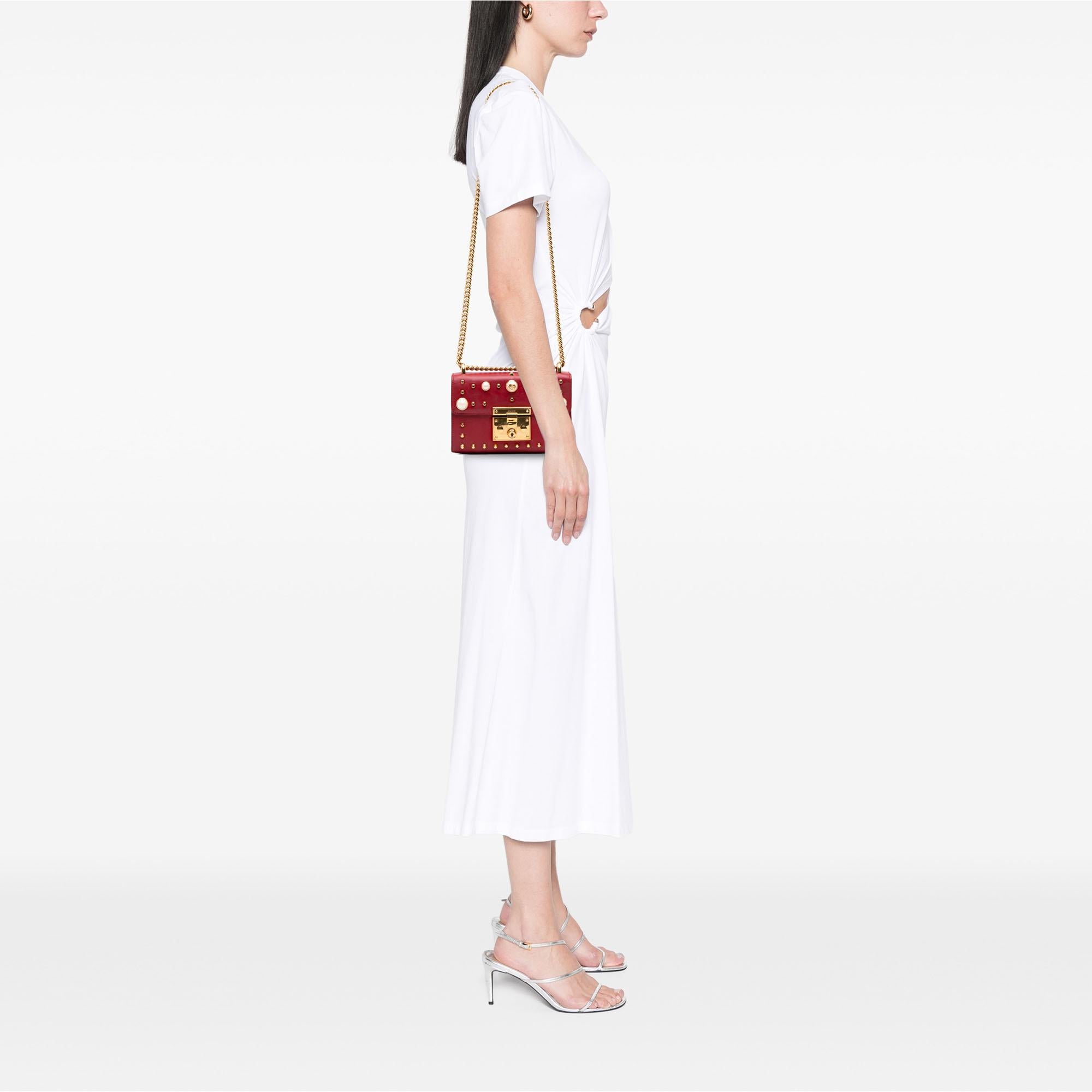 Gucci Small Pearl Studded Leather Padlock Crossbody